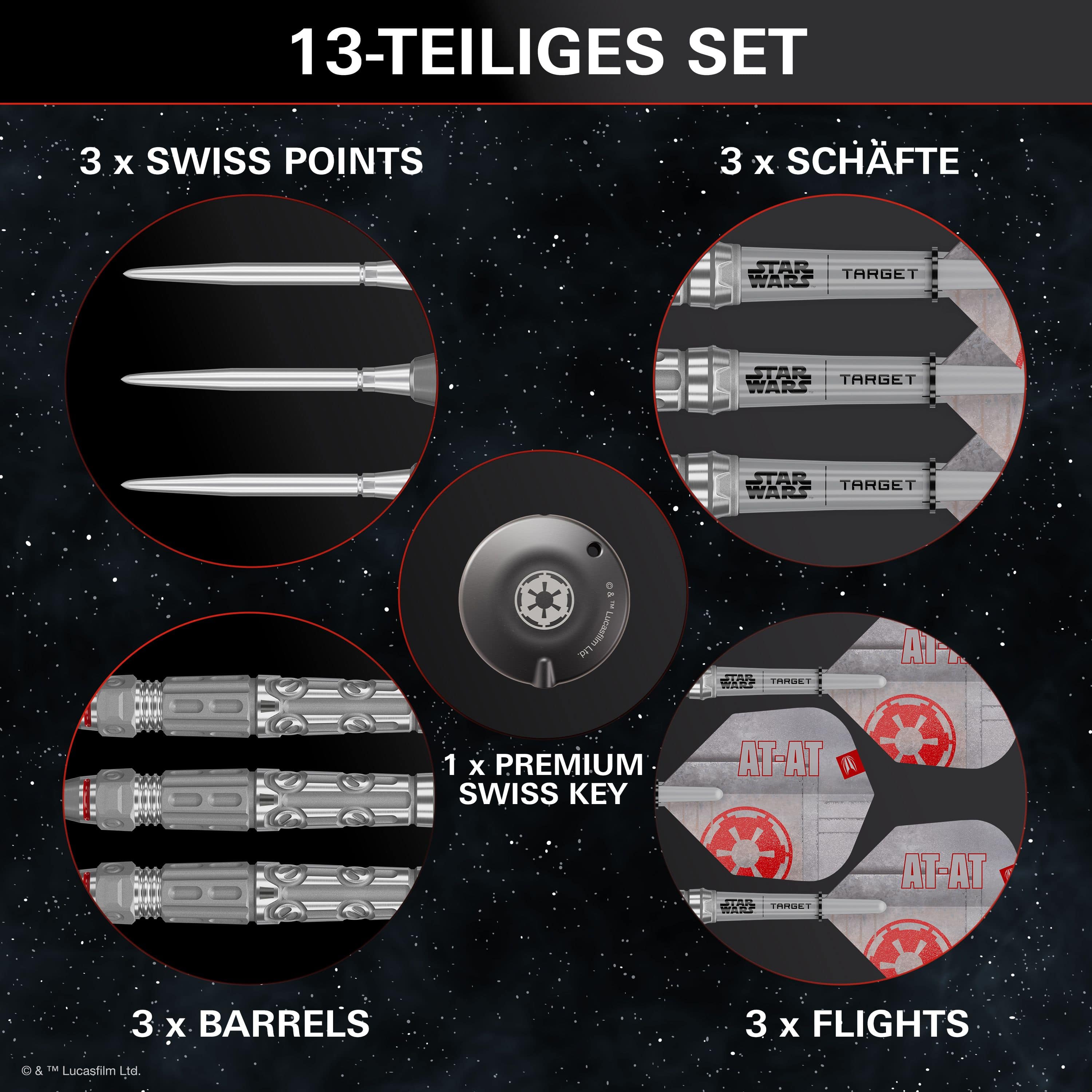 Target Star Wars AT-AT Swiss Point steel darts Auf dem Bild sieht man die Target Star Wars AT-AT Swiss Point Steeldarts. Sie sind von den bekannten AT-AT-Maschinen aus Star Wars inspiriert.
