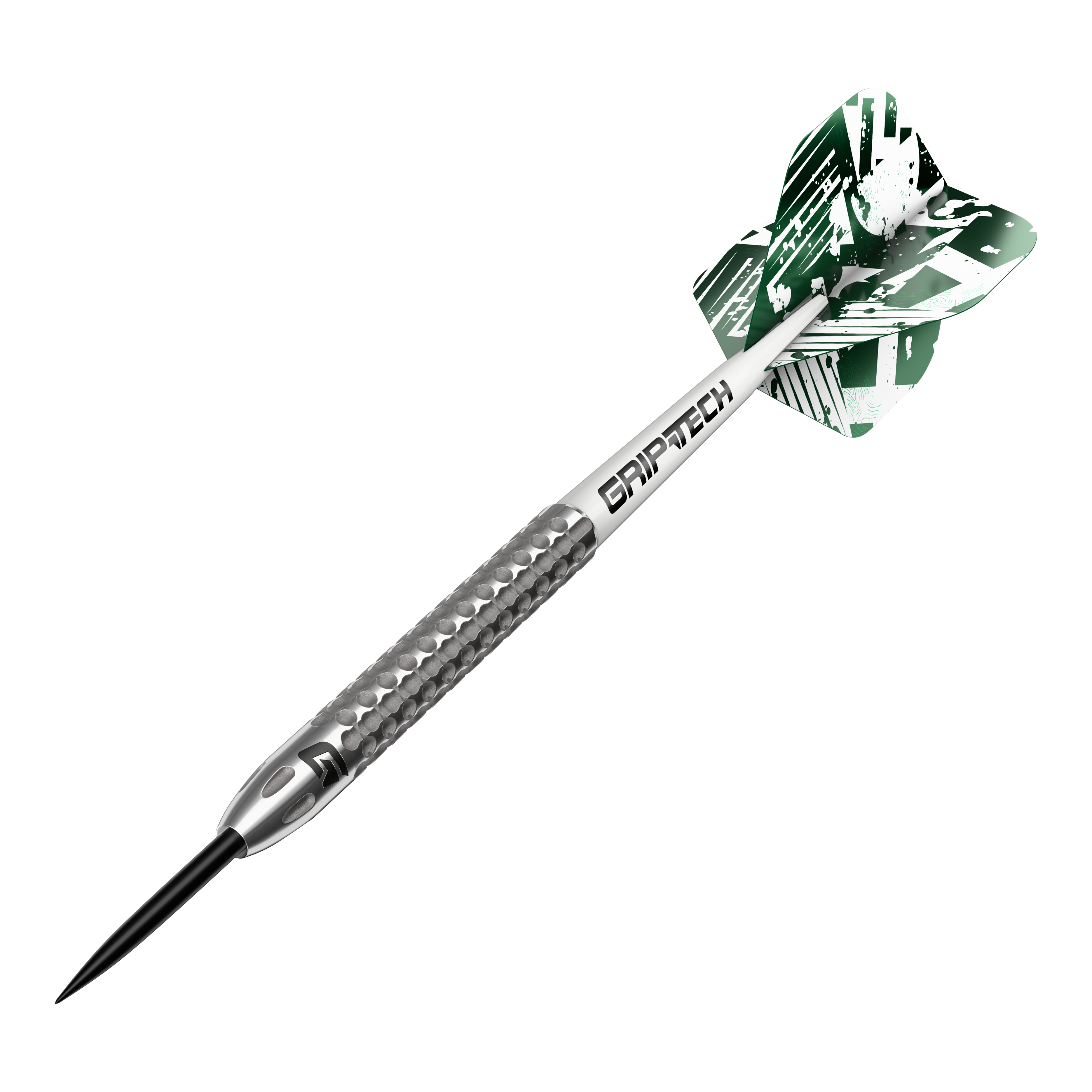 GOAT Fairway V2 Tungsten Steel Darts Das Bild zeigt einen GOAT Fairway V2 Tungsten Steeldart. Der Dartpfeil hat ein silbernes Griffstück mit strukturierter Oberfläche und grüne Flights mit weißem Muster.