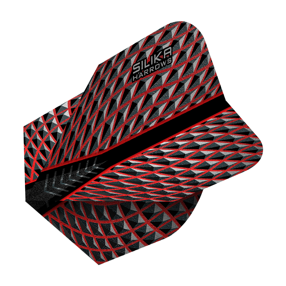 HR80_Harrows_Silika_Red_No6_Flights_2 Das Bild zeigt die Produktflügel „Harrows Silika Red No6 Flights“. Die Flügel haben ein auffälliges Muster in Schwarz, Rot und Silber mit der Aufschrift „Silika Harrows“.