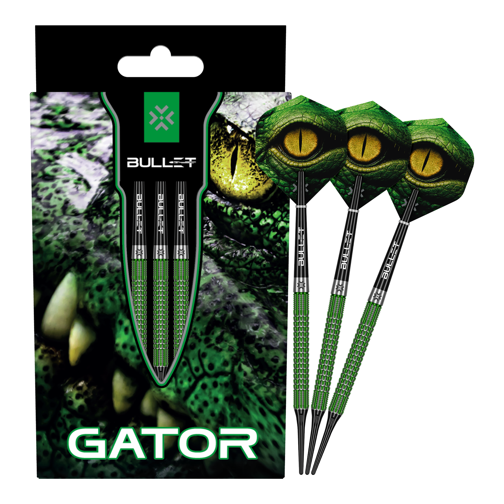 Die Abbildung zeigt das Produkt Bullet Gator Softdarts - 20g. Es handelt sich um ein Set von Softdarts mit einem Gewicht von 20 Gramm.