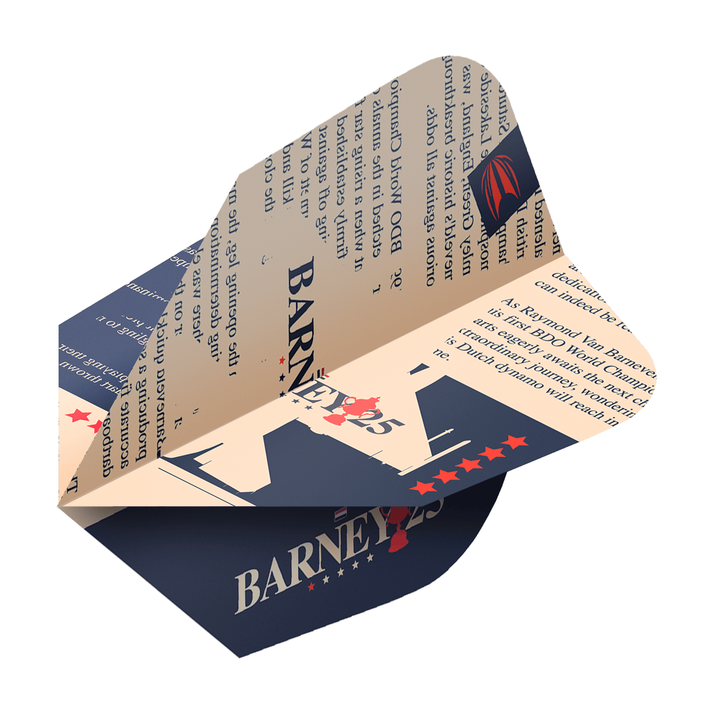 Target ProUltra Raymond Van Barneveld Barney25 Ten-X Flights Das Bild zeigt ein Target ProUltra Raymond Van Barneveld Barney25 Ten-X Flight für Darts. Das Flight ist in Beige und Dunkelblau gehalten und mit Text sowie Sternen dekoriert.