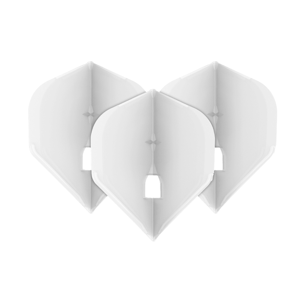 L-Style Champagne L1PRO Flights Auf dem Bild sind drei transparente Dartflights in weißer Farbe zu sehen, die nebeneinander angeordnet sind. Die Flights haben eine klassische Form und besitzen in der Mitte eine kleine rechteckige Öffnung.