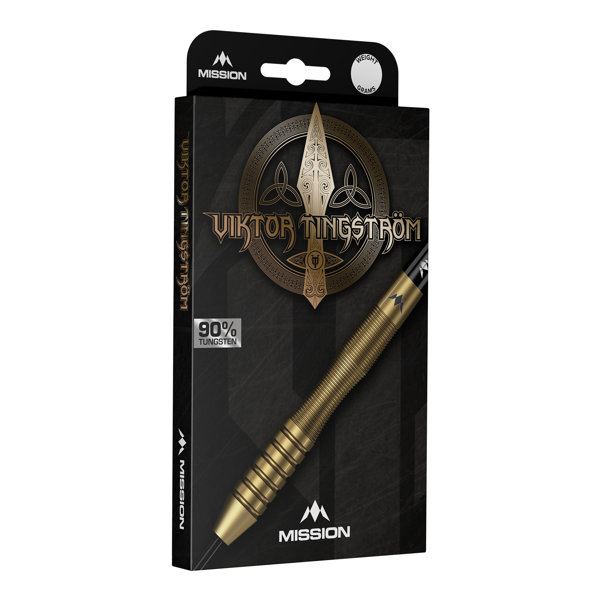 Mission Viktor Tingstrom Gold Steeldarts - 22g, mehrere Dartpfeile werden präsentiert. Die goldene Farbgebung und das spezielle Design sind erkennbar.