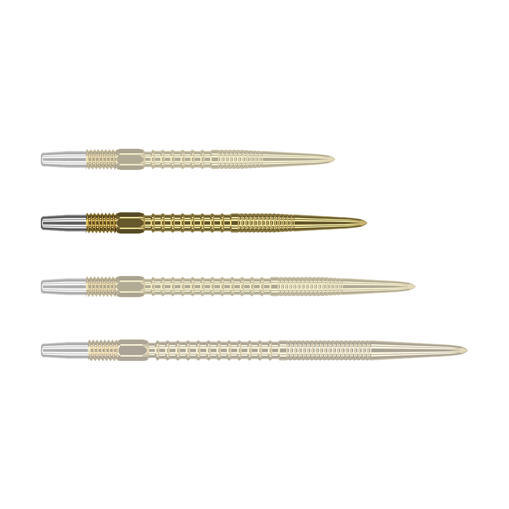 Target Swiss Firepoint Gold dart tips Das Bild zeigt vier goldfarbene Dartspitzen, die nebeneinander liegen. Die Spitzen haben einen silbernen Ansatz und eine gerillte Struktur.