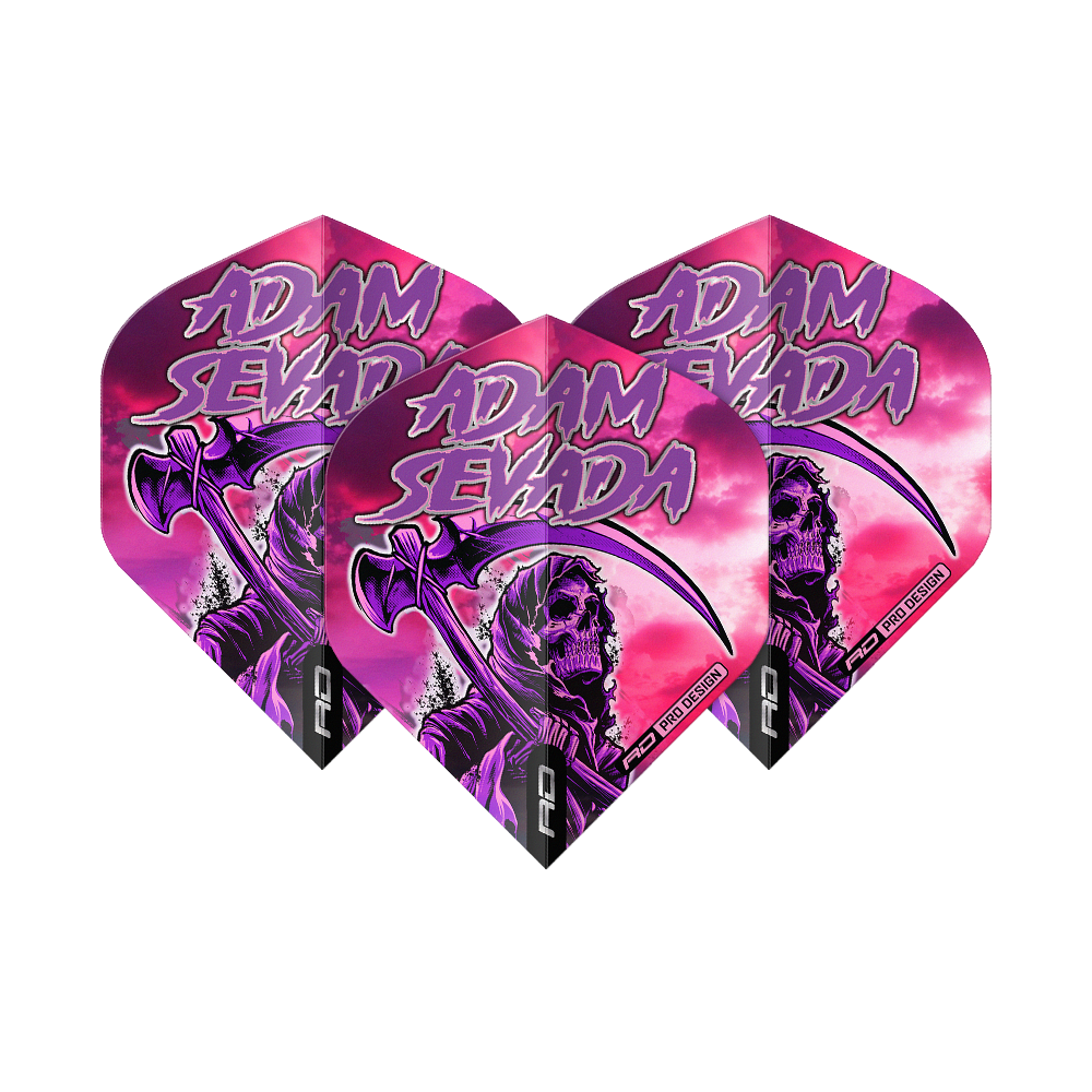 Red Dragon Hardcore Adam Sevada Premium No2 Standard Flights Das Bild zeigt drei Dartflights mit dem Namen "Red Dragon Hardcore Adam Sevada Premium No2 Standard Flights". Die Flights sind in lila und rosa Tönen gestaltet und zeigen ein Sensenmann-Design mit dem Schriftzug "Adam Sevada".