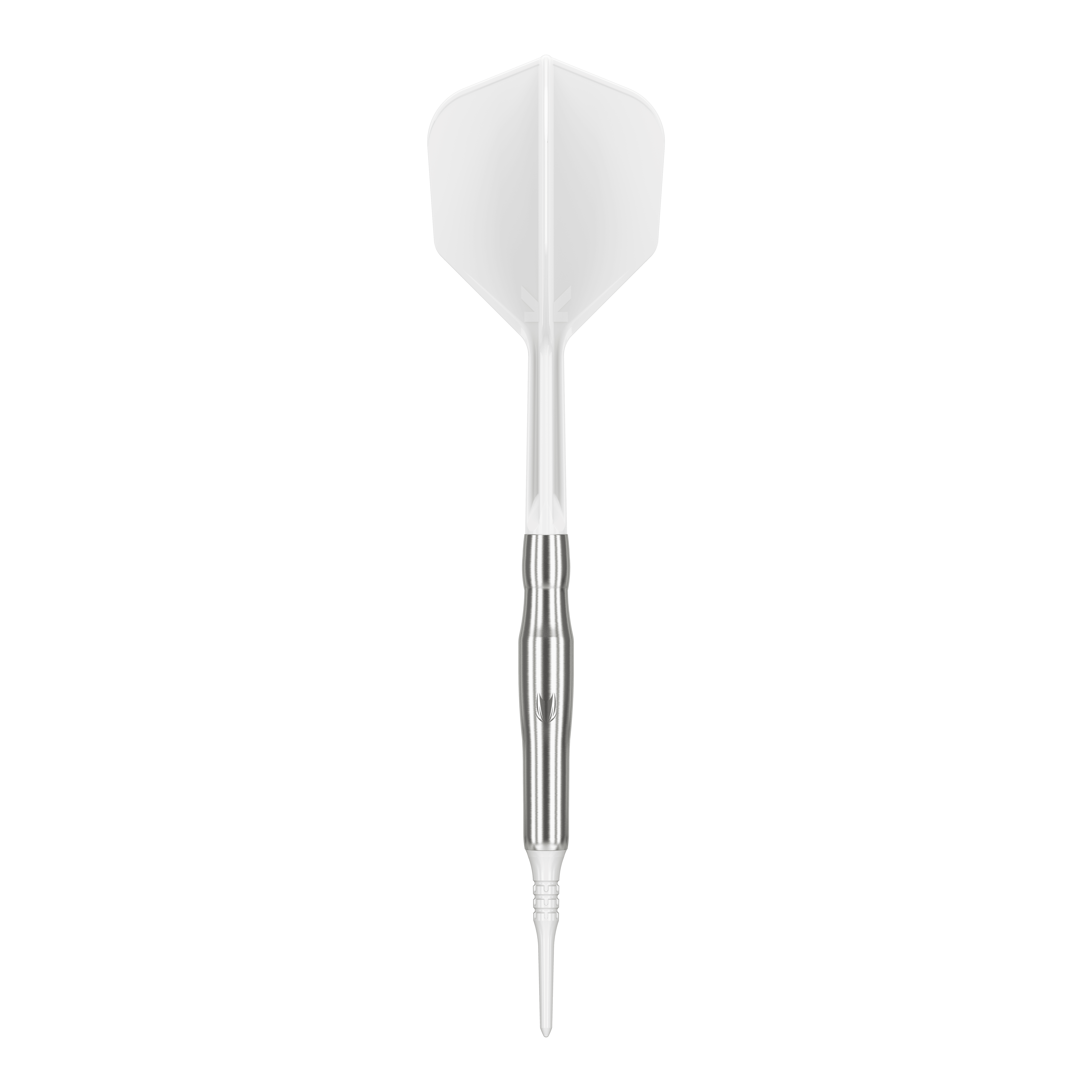 Target Japan Crux Brave Soft Darts - 18.5g Das Bild zeigt einen weißen Softdart mit silbernem Schaft. Es handelt sich um das Produkt "Target Japan Crux Brave Softdarts - 18,5g".