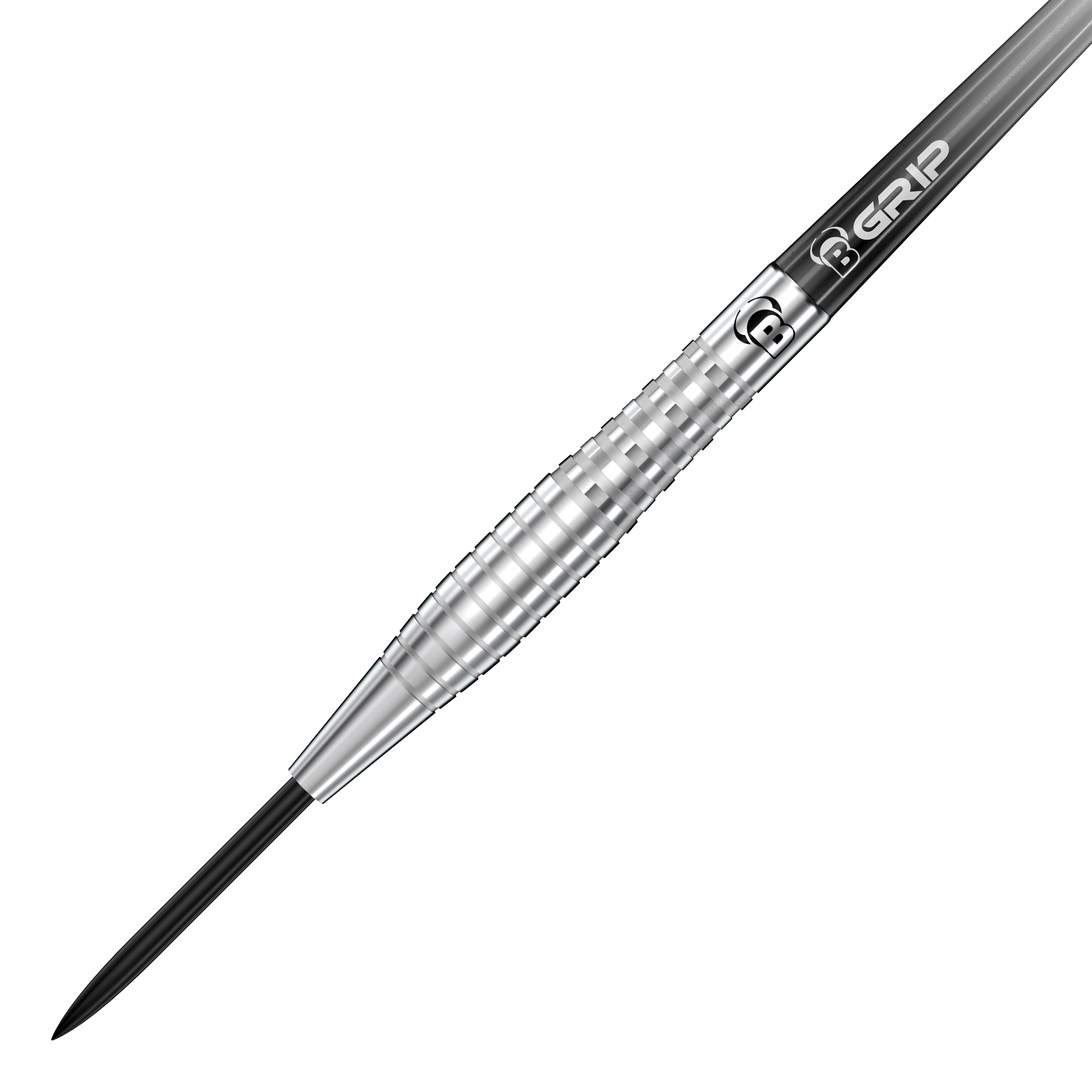 Das Bild zeigt einen silbernen Steeldart der Marke Bulls, Modell Martin Schindler Original Generation 2. Der Dart hat eine gerillte Oberfläche für besseren Grip und eine schwarze Stahlspitze.