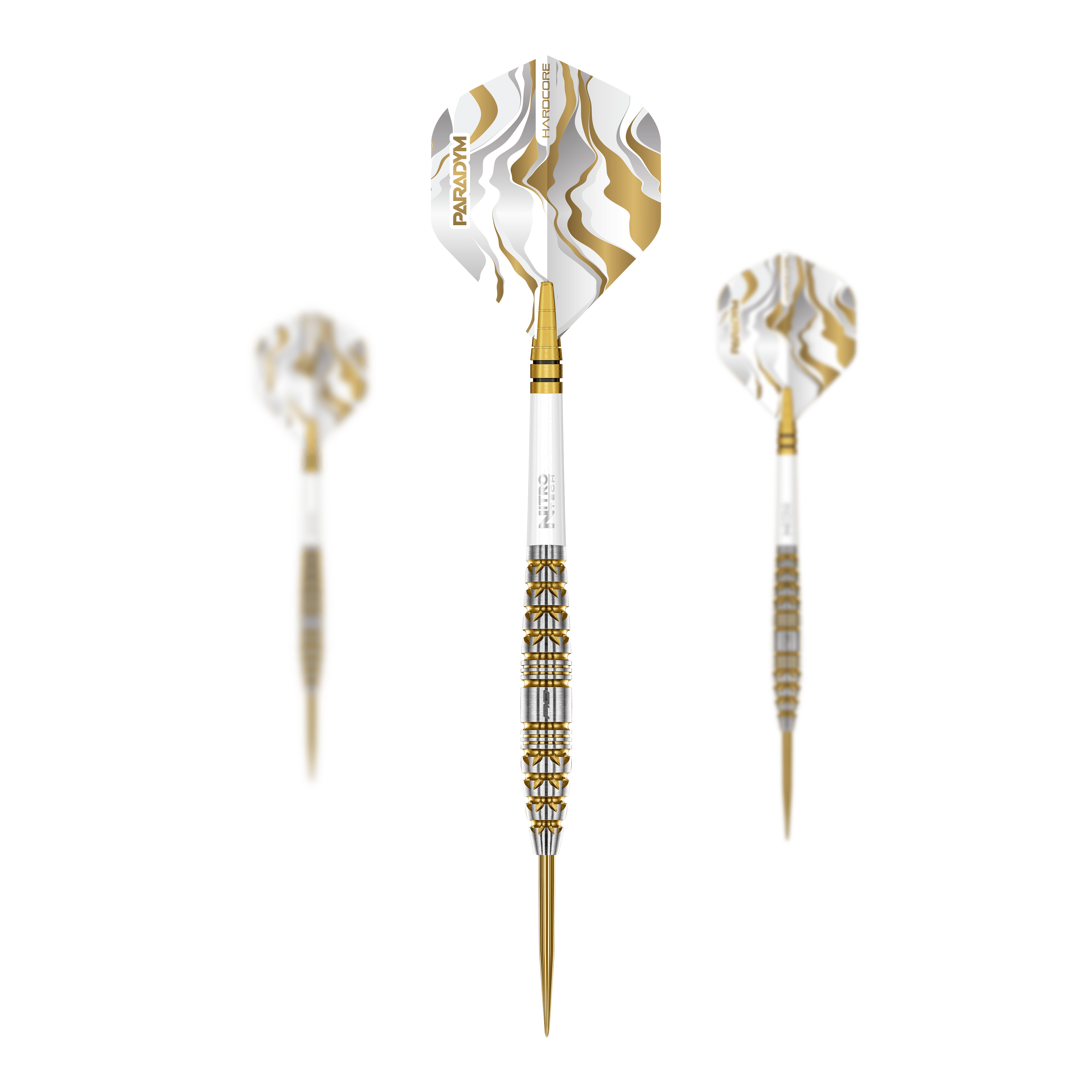 Zu sehen ist das Set der Red Dragon Paradym Gold Torpedo Steeldarts. Dieses Produkt besteht aus mehreren hochwertigen goldenen Steeldarts.