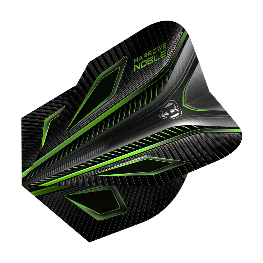 HR8_Harrows_Noble_Green_Standard_Flights_2 Das Bild zeigt ein Harrows Noble Green Standard Dart Flight. Das Flight ist überwiegend schwarz mit grünen und silbernen Akzenten und einem modernen, geometrischen Design.