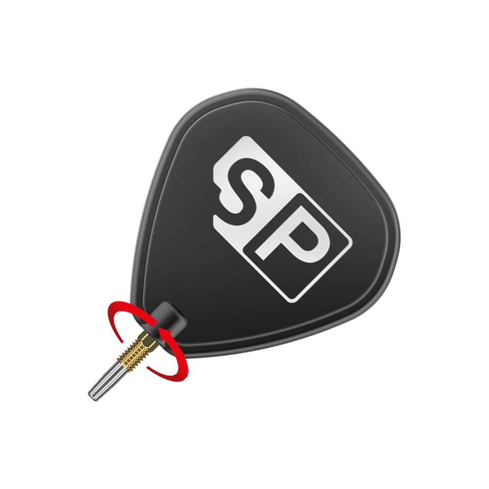 Target Swiss Diamond Pro Gold dart tips Das Bild zeigt eine schwarze Dartspitze mit goldfarbenem Gewinde und der Aufschrift „SP“. Ein roter Pfeil illustriert die Drehbewegung zum Befestigen oder Lösen der Spitze.