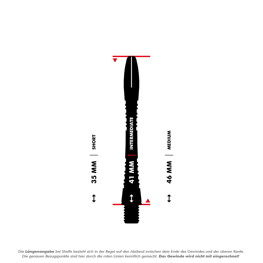 Das Bild zeigt einen Vergleich der Längen von Dartshafts, wobei die mittlere Größe (Intermediate) mit 41 mm hervorgehoben ist. Die anderen beiden aufgeführten Längen sind 35 mm (Short) und 46 mm (Medium).