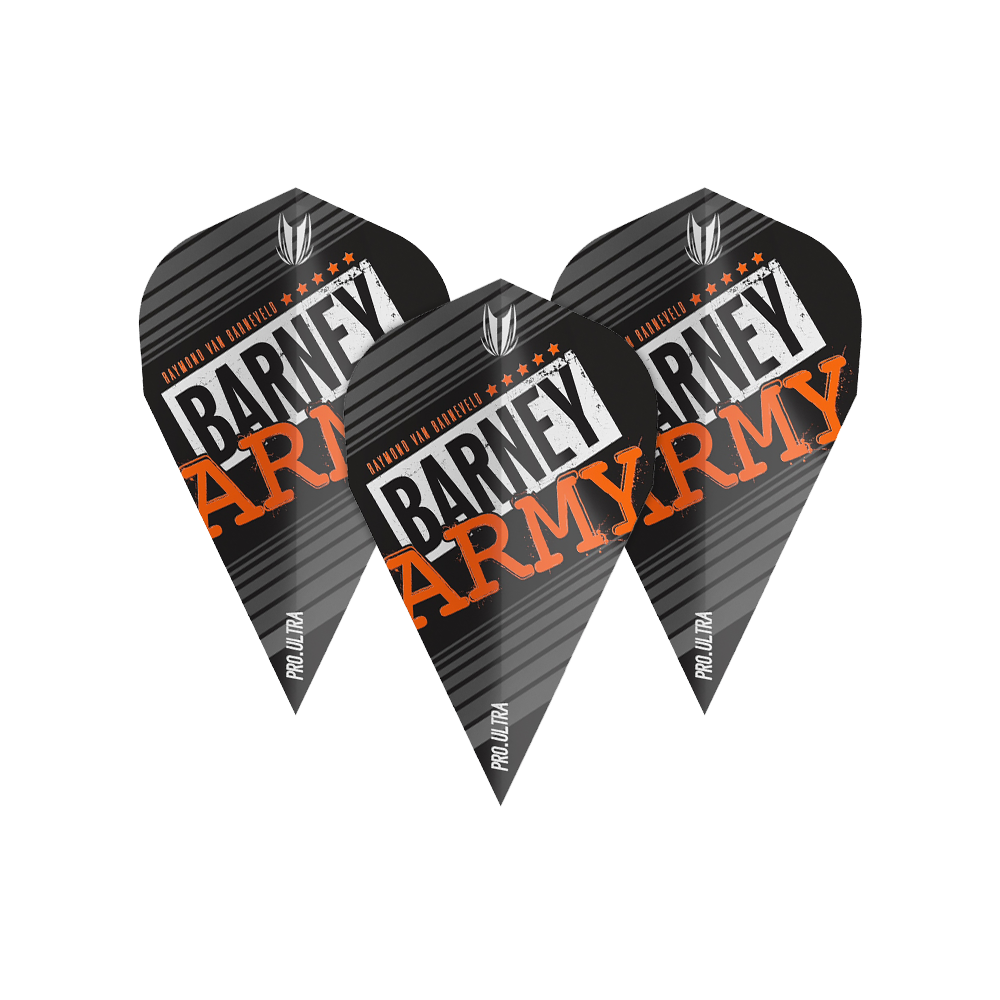 Das Bild zeigt drei schwarze Dart-Flights mit der Aufschrift "Barney Army" in weißer und orangefarbener Schrift. Auf den Flights steht außerdem "Pro Ultra" und sie haben ein Streifendesign.
