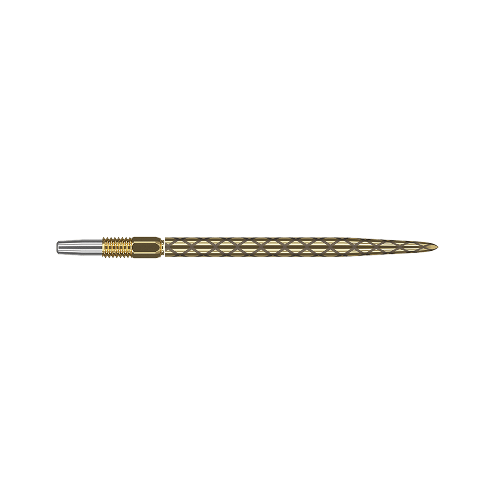 Target Swiss Diamond Pro Gold dart tips Dies ist eine goldfarbene Dartspitze mit einem rautenförmigen Muster. Die Spitze ist schlank und hat am hinteren Ende einen silbernen Anschluss.