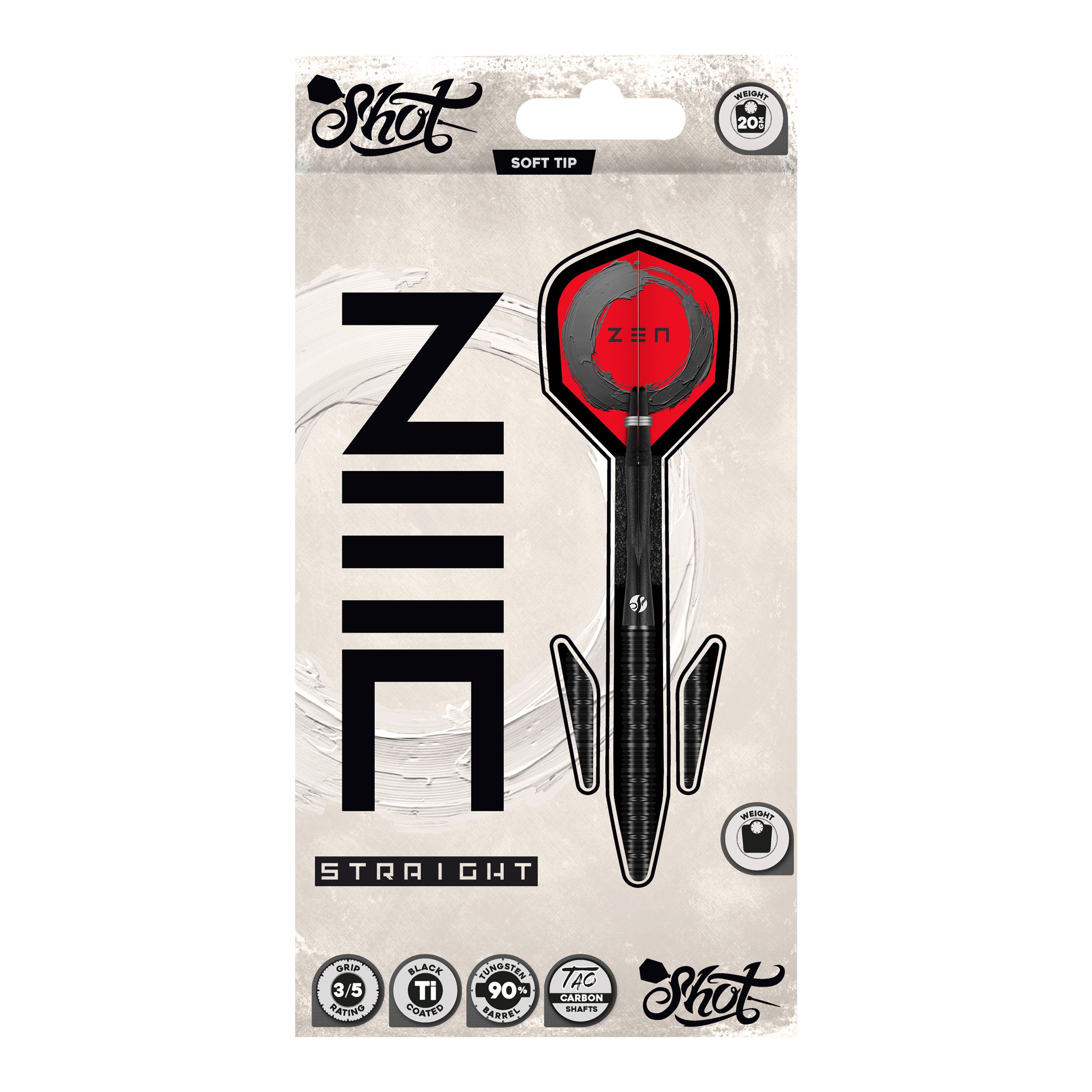 Shot ZEN Straight Softdarts - 20g Abgebildet sind die Shot ZEN Straight Softdarts - 20g. Diese Darts zeichnen sich durch ihre gerade Form aus.