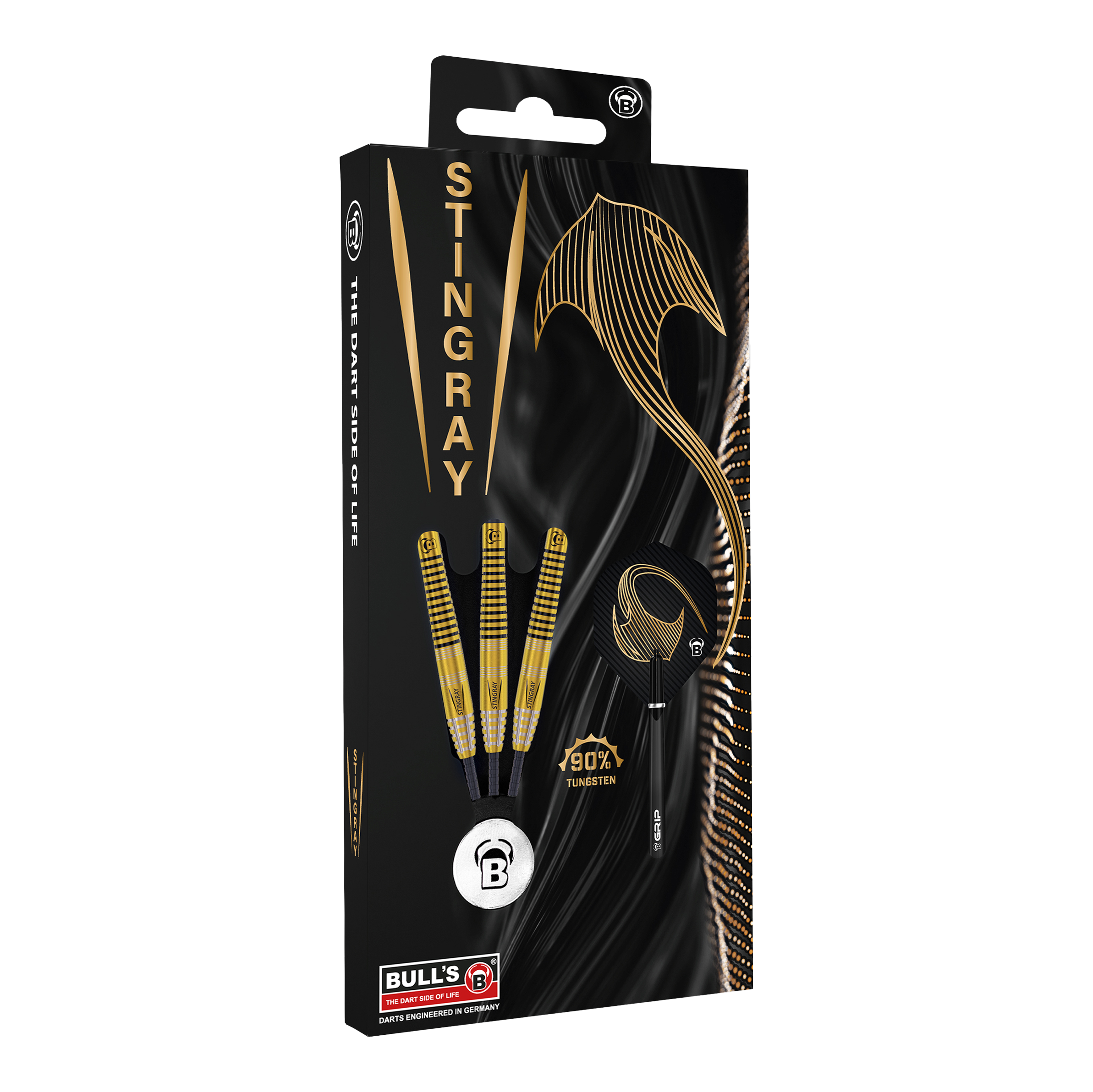 Bulls Stingray ST3 Steeldarts Die Verpackung zeigt die Bulls Stingray ST3 Steeldarts mit einem stilvollen schwarzen und goldenen Design. Auf der Packung ist auch ein goldener Stachelrochen sowie der Hinweis "90% Tungsten" abgebildet.
