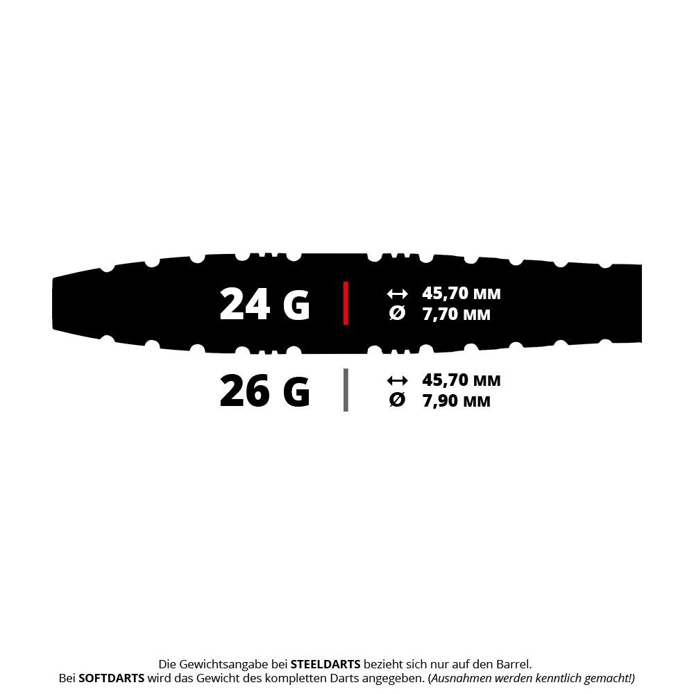 Red Dragon Paradym Torpedo Steel Darts Das Bild zeigt die Spezifikationen von Steeldarts mit den Gewichten 24 g und 26 g. Die Länge beträgt jeweils 45,70 mm, der Durchmesser beträgt 7,70 mm für 24 g und 7,90 mm für 26 g.