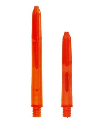glow35203684e09a46 Das Bild zeigt zwei orangefarbene Glowlite Shafts in unterschiedlichen Längen. Sie sind aus durchsichtigem Kunststoff gefertigt und haben ein Gewinde am unteren Ende.