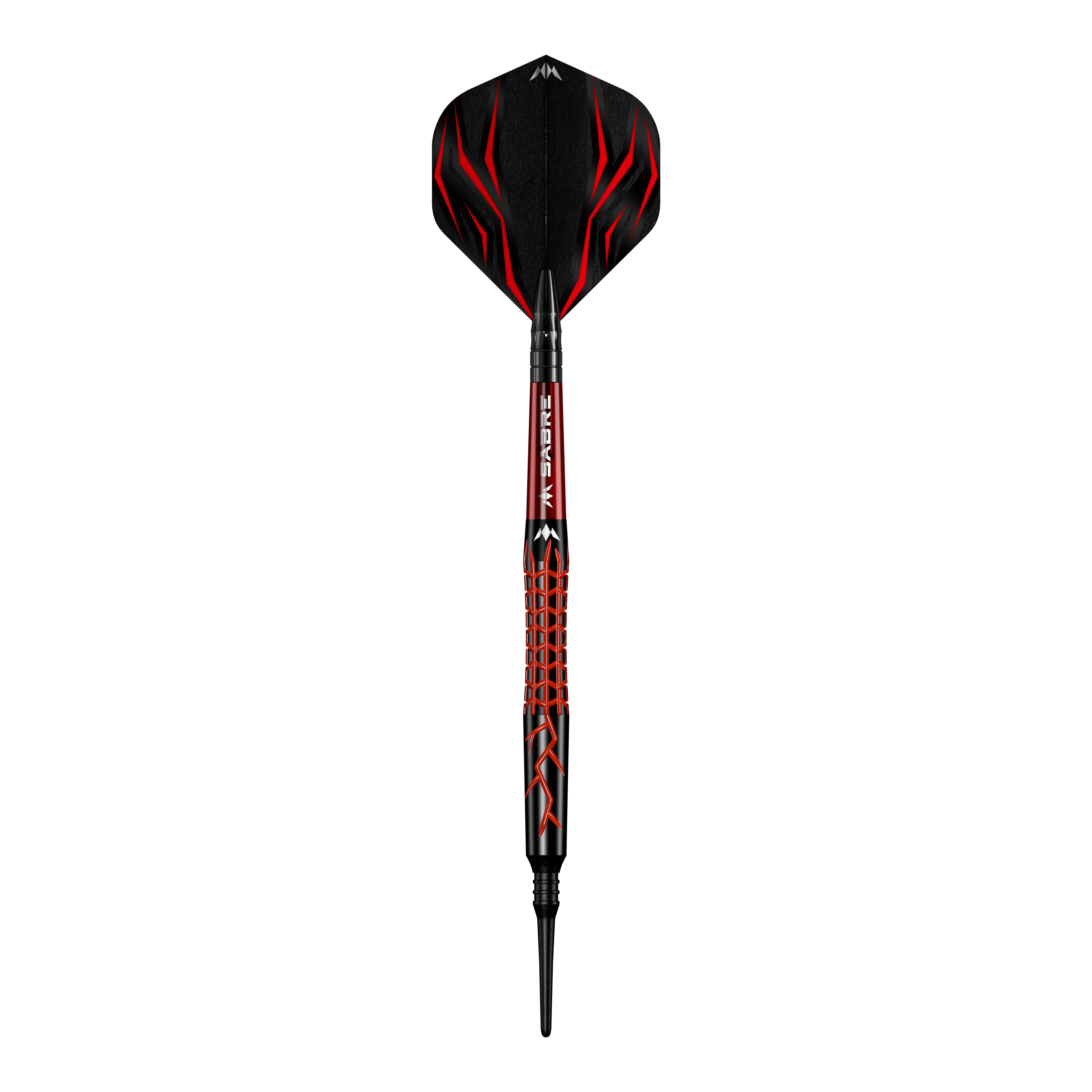 Mission Lava Softdarts - 20g Dies ist der Mission Lava Softdart mit einem Gewicht von 20 Gramm. Er hat ein auffälliges Design in Schwarz und Rot mit roten Flammenmustern.