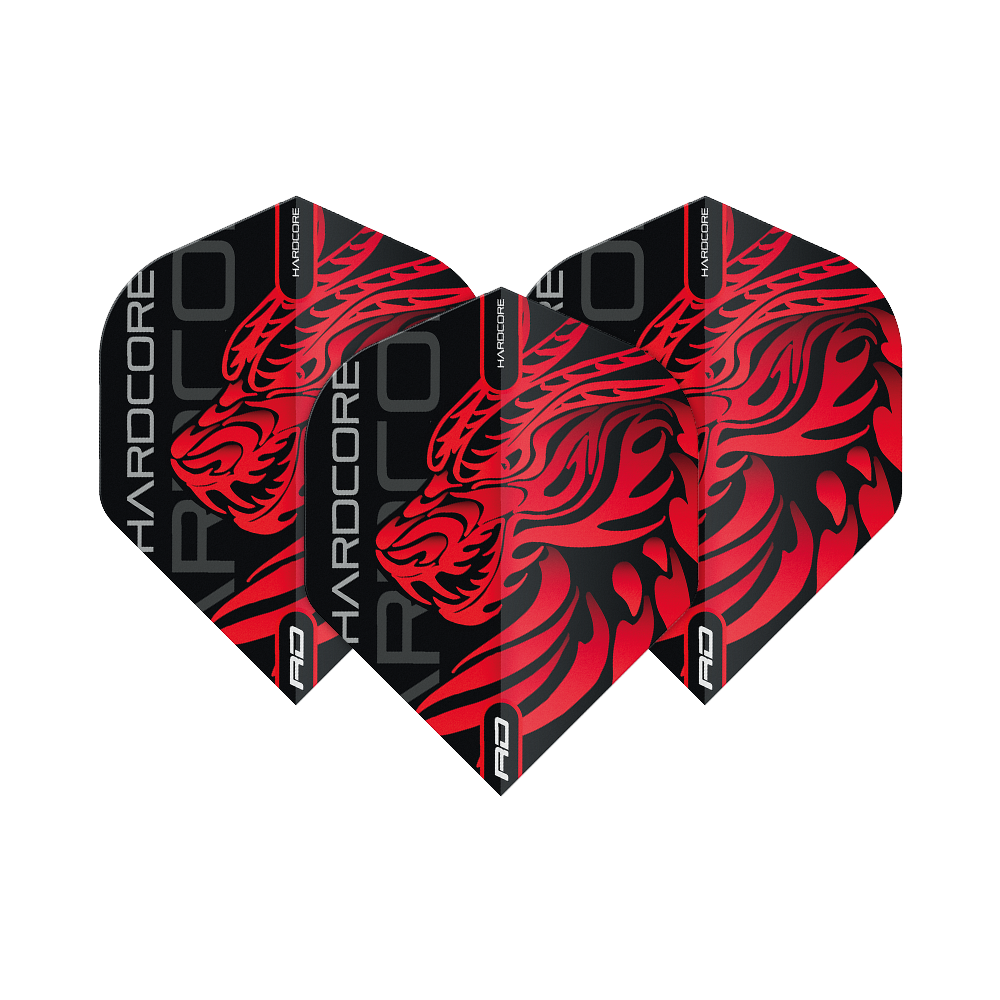TF6537_Red_Dragon_Hardcore_Jonny_Clayton_Dragon_Standard_Flights_1TfMdEIaRsyDvh Das Bild zeigt die "Red Dragon Hardcore Jonny Clayton Dragon Standard Flights" für Darts. Die Flights sind schwarz mit einem auffälligen roten Drachenmotiv und der Aufschrift "HARDCORE".