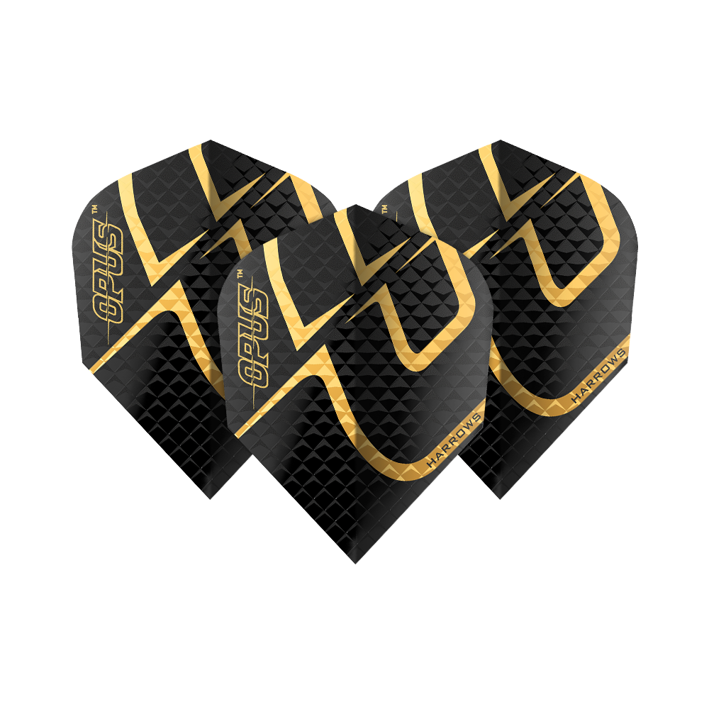 Harrow's Opus Version 2 Flights Das Bild zeigt die Harrows Opus Version 2 Flights, die für Dartpfeile verwendet werden. Sie sind schwarz mit einem goldenen Muster und dem Schriftzug "Opus" und "Harrows" darauf.