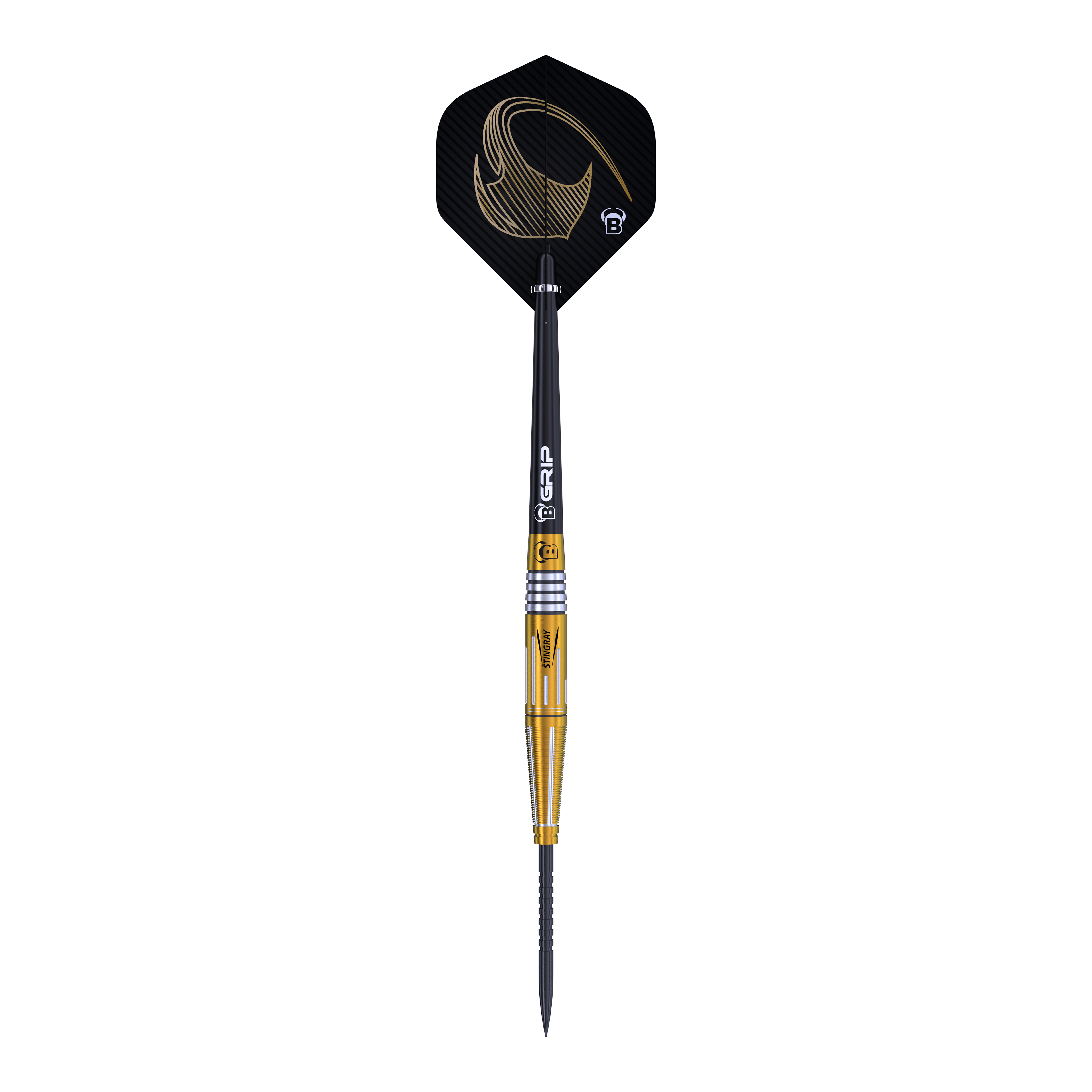 Bulls Stingray ST4 Steeldarts Das Bild zeigt den Bulls Stingray ST4 Steeldart mit einem eleganten Design in Schwarz und Gold. Der Dart hat eine schlanke Form und ist mit einem auffälligen Flight ausgestattet.