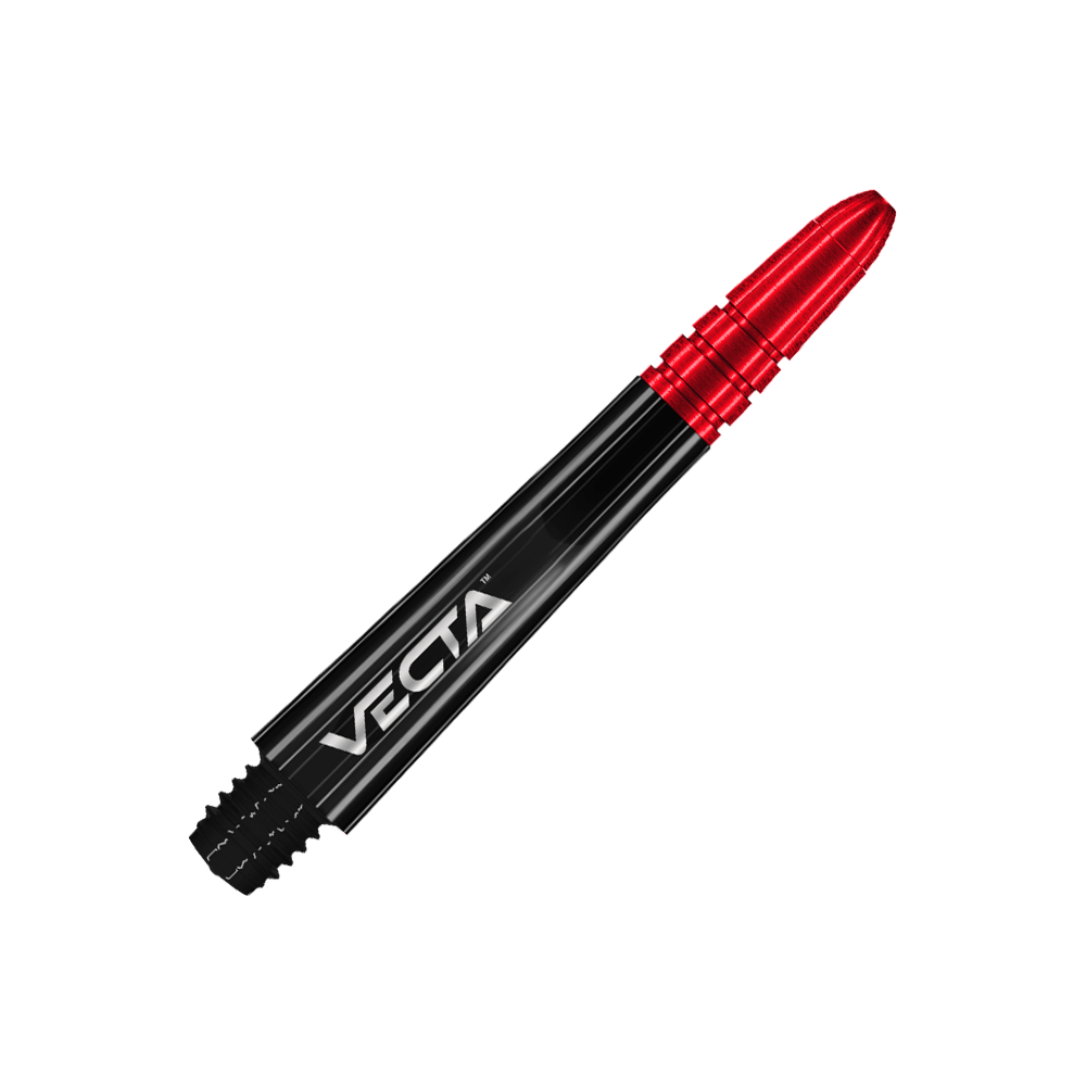 Winmau Vecta Shafts - Schwarz Rot Das Bild zeigt einen Dart-Schaft in den Farben Schwarz und Rot. Auf dem Schaft steht das Wort „Vecta“.