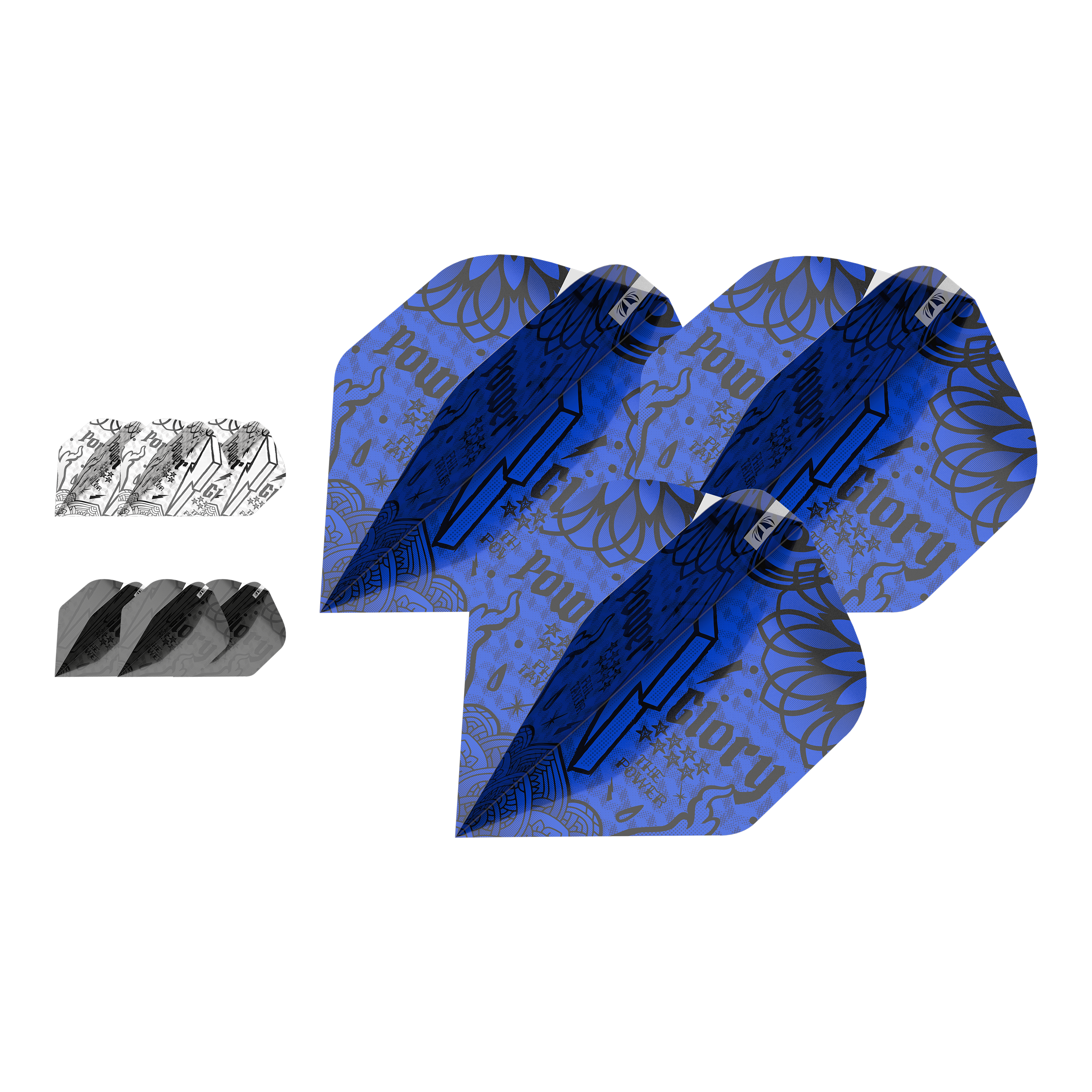 Das Bild zeigt das Produkt „Target Ink Bundle 3 Sets Power No2 Standard Flights.“ Es enthält drei verschiedenfarbige Sets von Dartflights mit auffälligen Mustern, darunter Blau, Schwarz und Weiß.