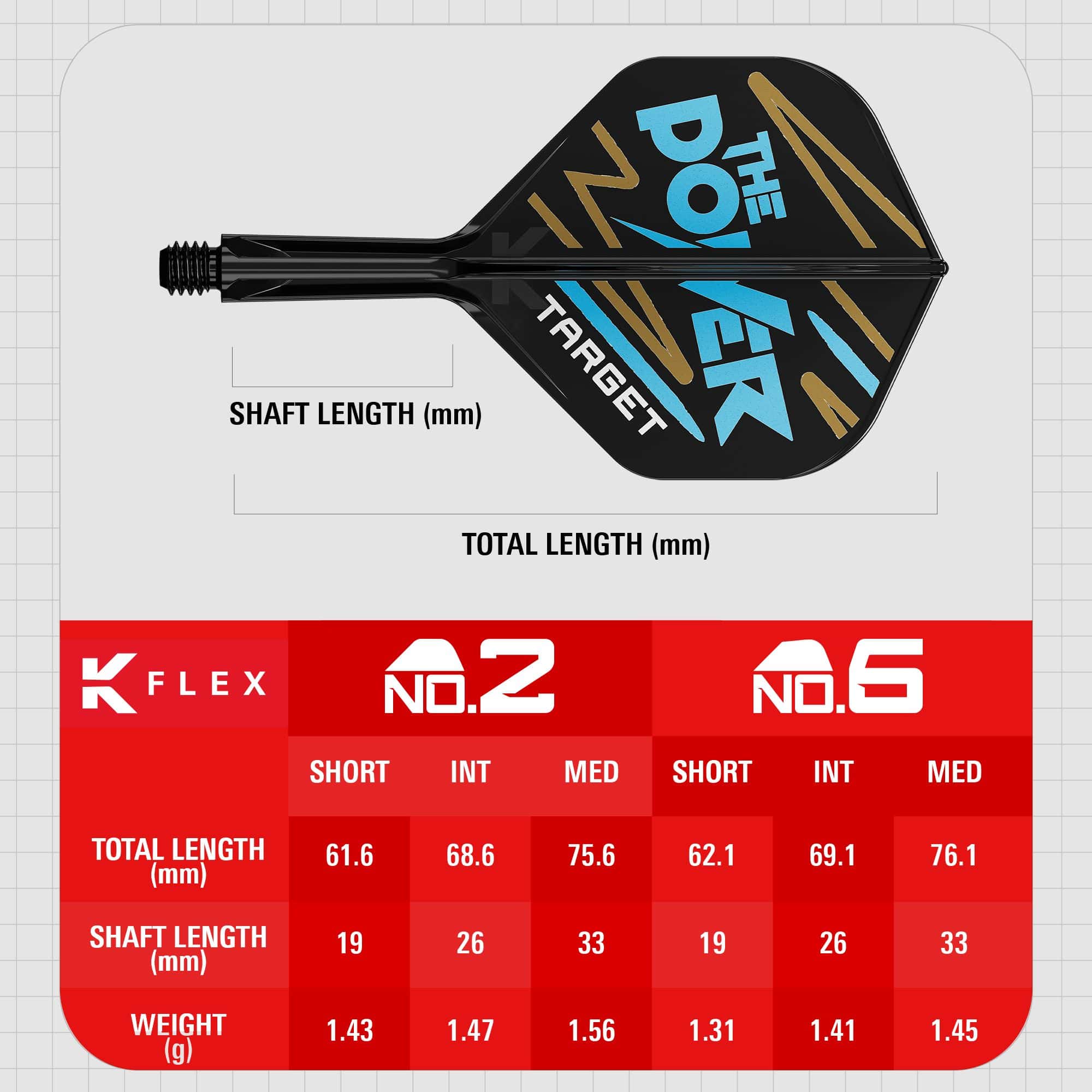 Target K-Flex Phil Taylor No2 Standard Flight Shaft System Das Bild zeigt das Produkt „Target K-Flex Phil Taylor No2 Standard Flights“ mit einer grafischen Darstellung und Maßen. Unten sind Tabellen mit Längen- und Gewichtsangaben für verschiedene Größen des Produkts abgebildet.