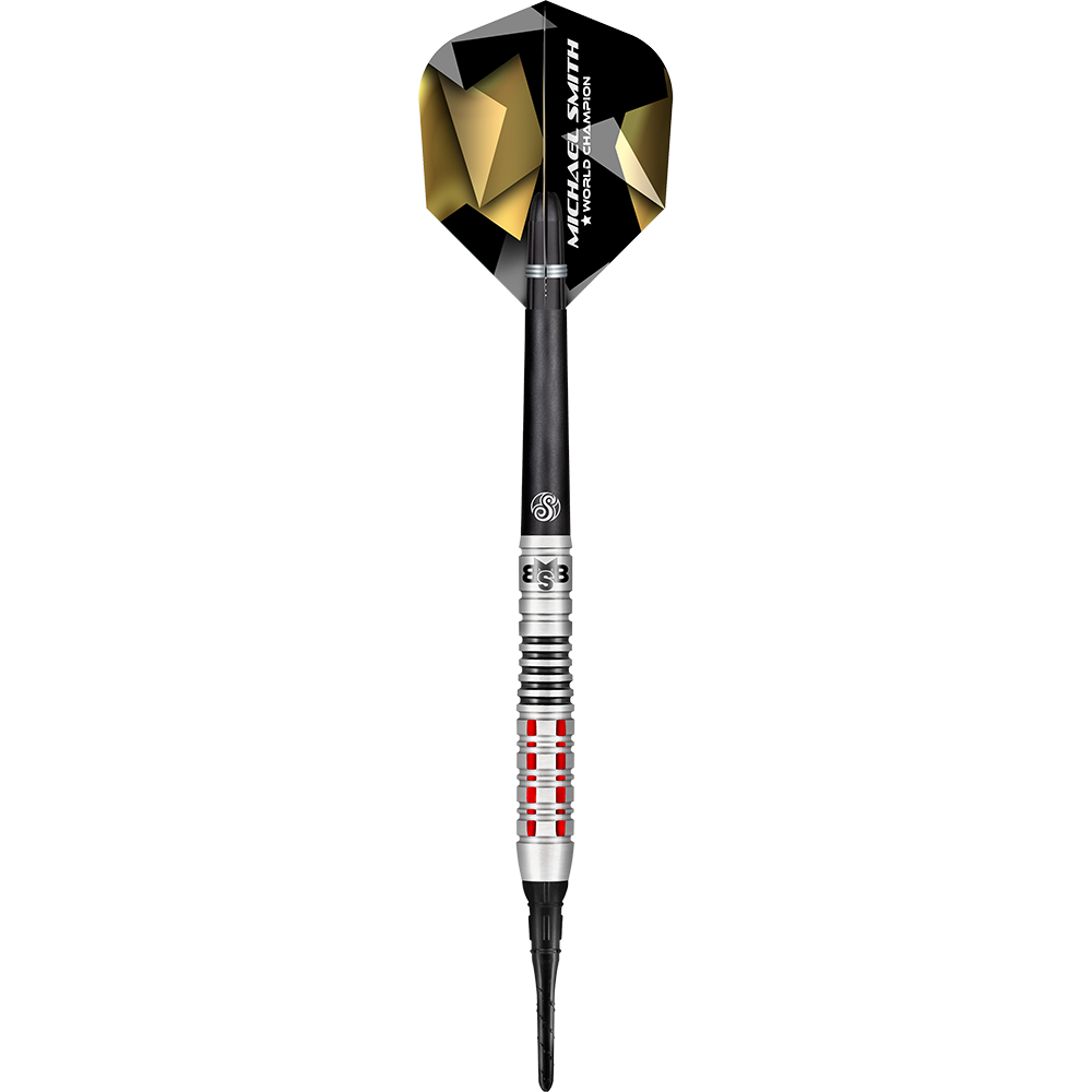 Shot Michael Smith Believe soft darts Das Bild zeigt den Softdart „Shot Michael Smith Believe“. Der Dart hat ein schwarzes Flight mit goldenen Akzenten und eine silberne Spitze mit roten Ringen.