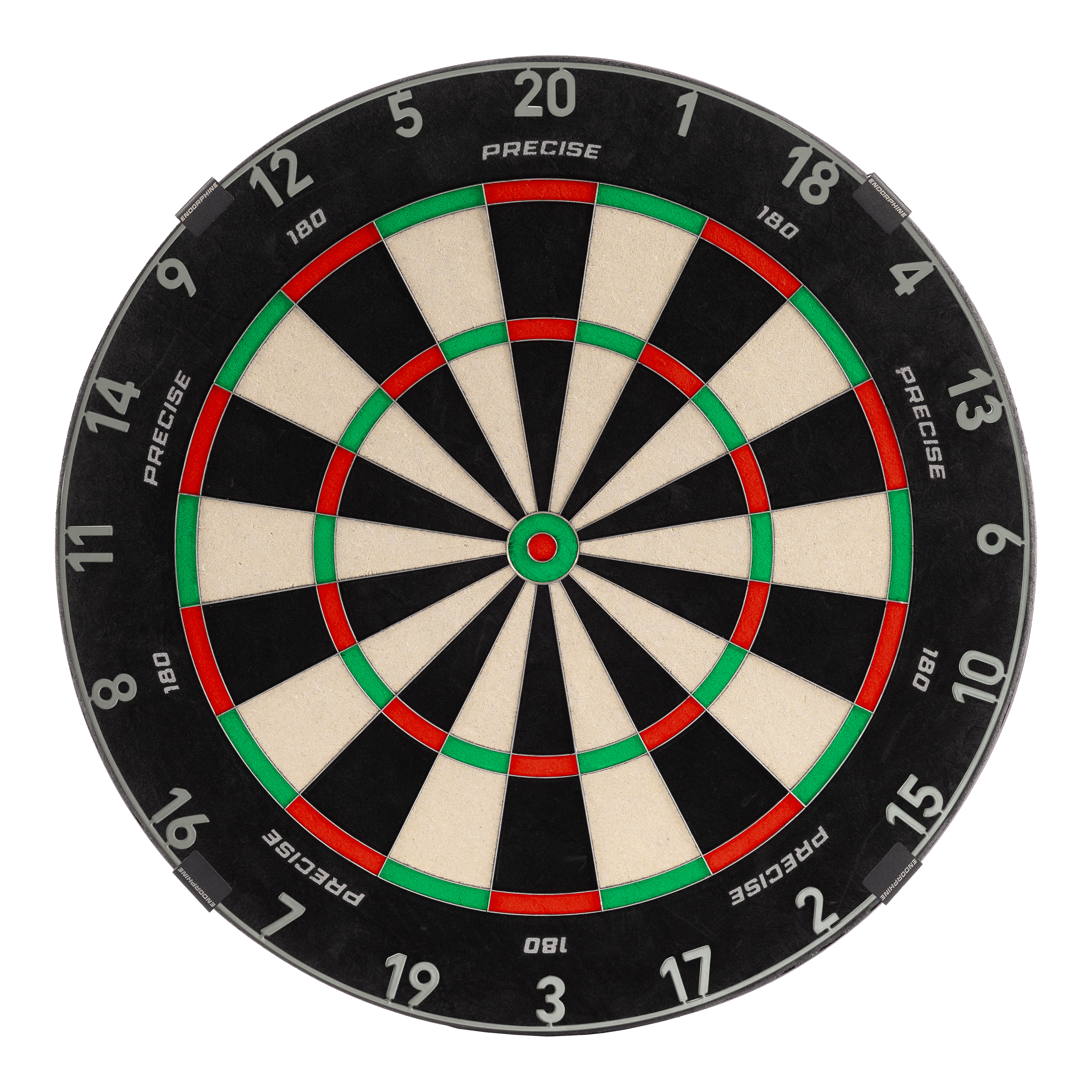 Hier ist das Precise 180 Endorphine Steeldartboard mit Nummernring in Nordic Grey zu sehen. Das Dartboard eignet sich ideal für professionellen und privaten Gebrauch.