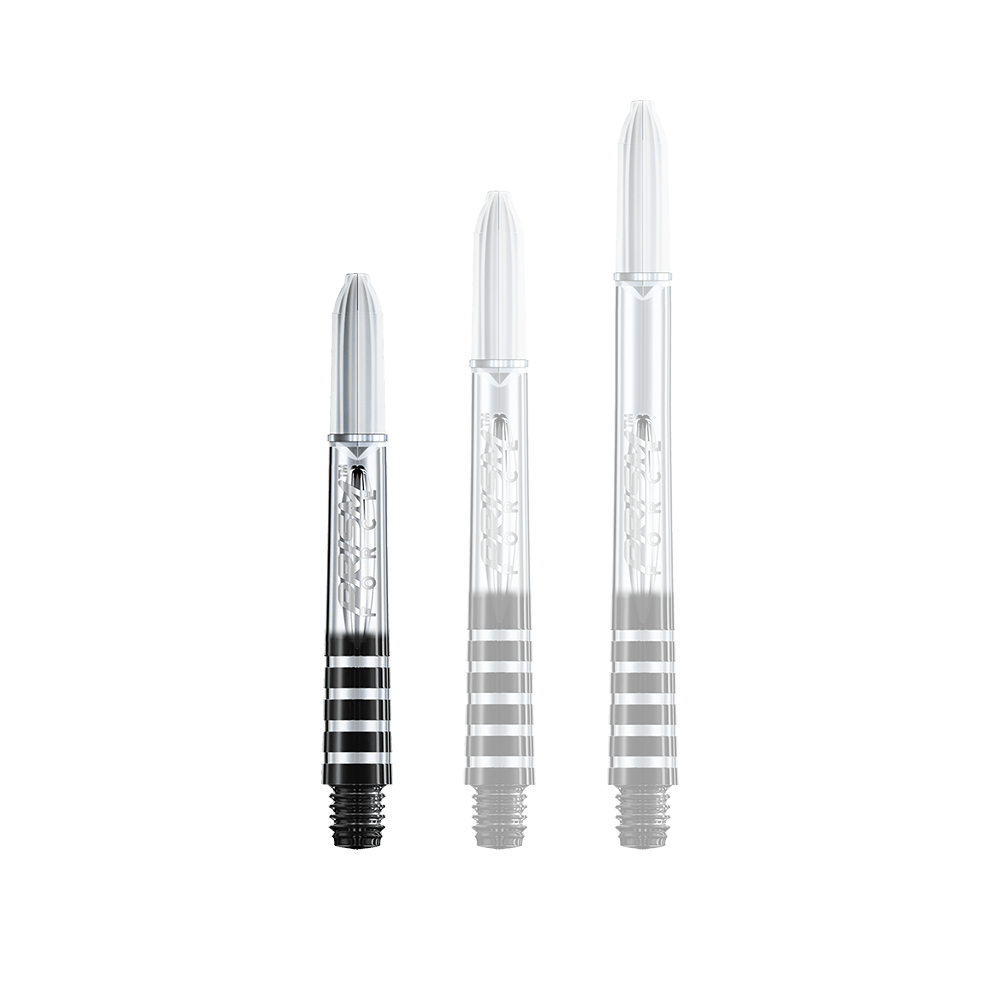 7020-106_Winmau_Prism_Force_Shafts_Clear_35mm_14nyeBjciOhjoP Das Bild zeigt drei transparente Dartschäfte in unterschiedlichen Längen. Die Schäfte haben schwarze und silberne Ringe am unteren Ende.