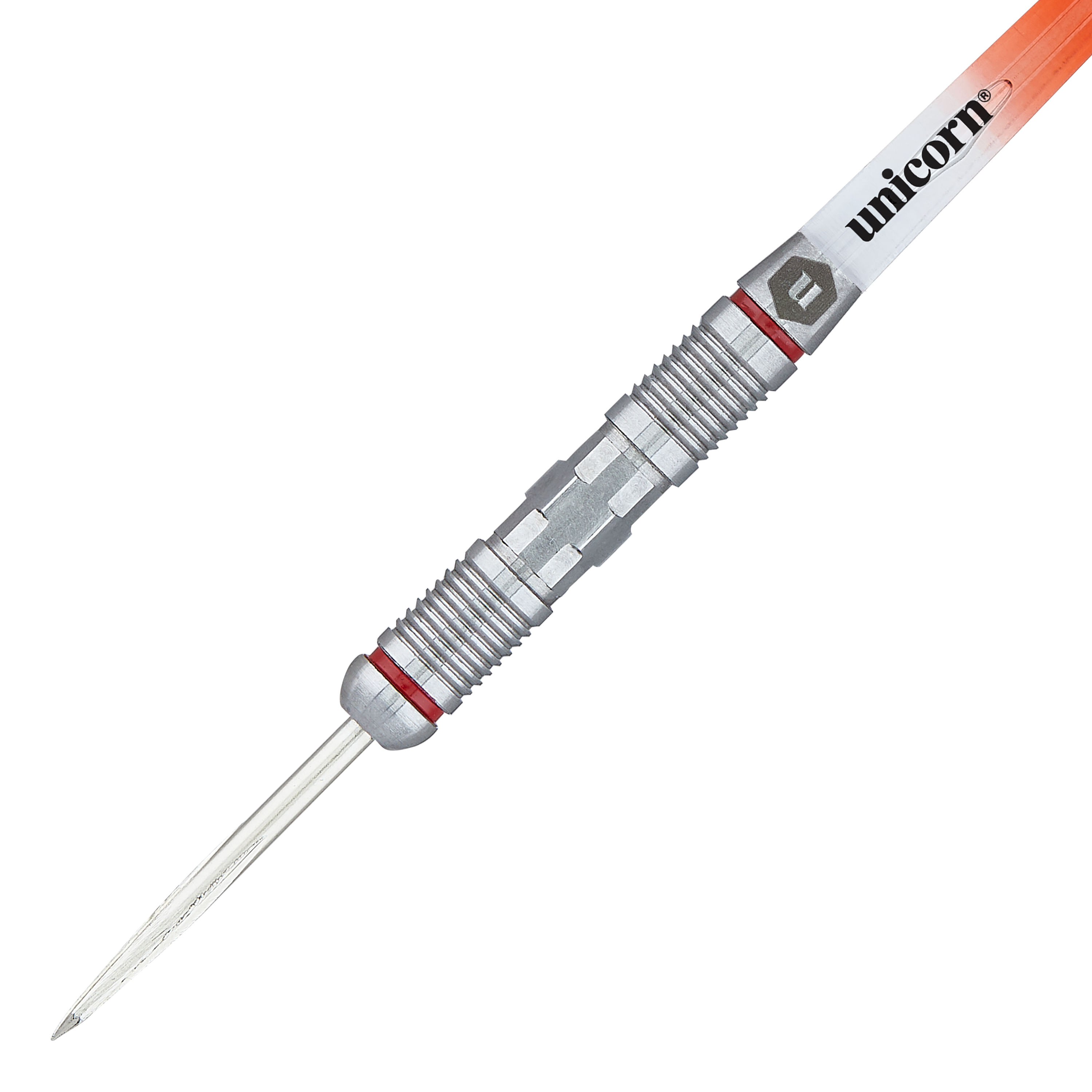 Unicorn Ballista Style 2 steel darts Das Bild zeigt einen Unicorn Ballista Style 2 Steeldart mit silbernem, strukturiertem Griff. Am oberen Teil ist das Unicorn-Logo auf einem orange-weißen Schaft zu sehen.