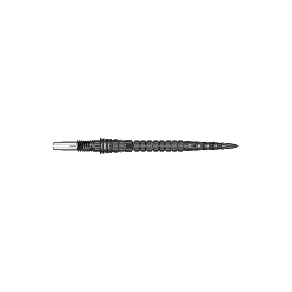 Target Chrono Swiss Storm Point Dart Tips - Black Ein schwarzes Dartspitzen-Set ist abgebildet. Die Spitzen sind in einer Reihe angeordnet.