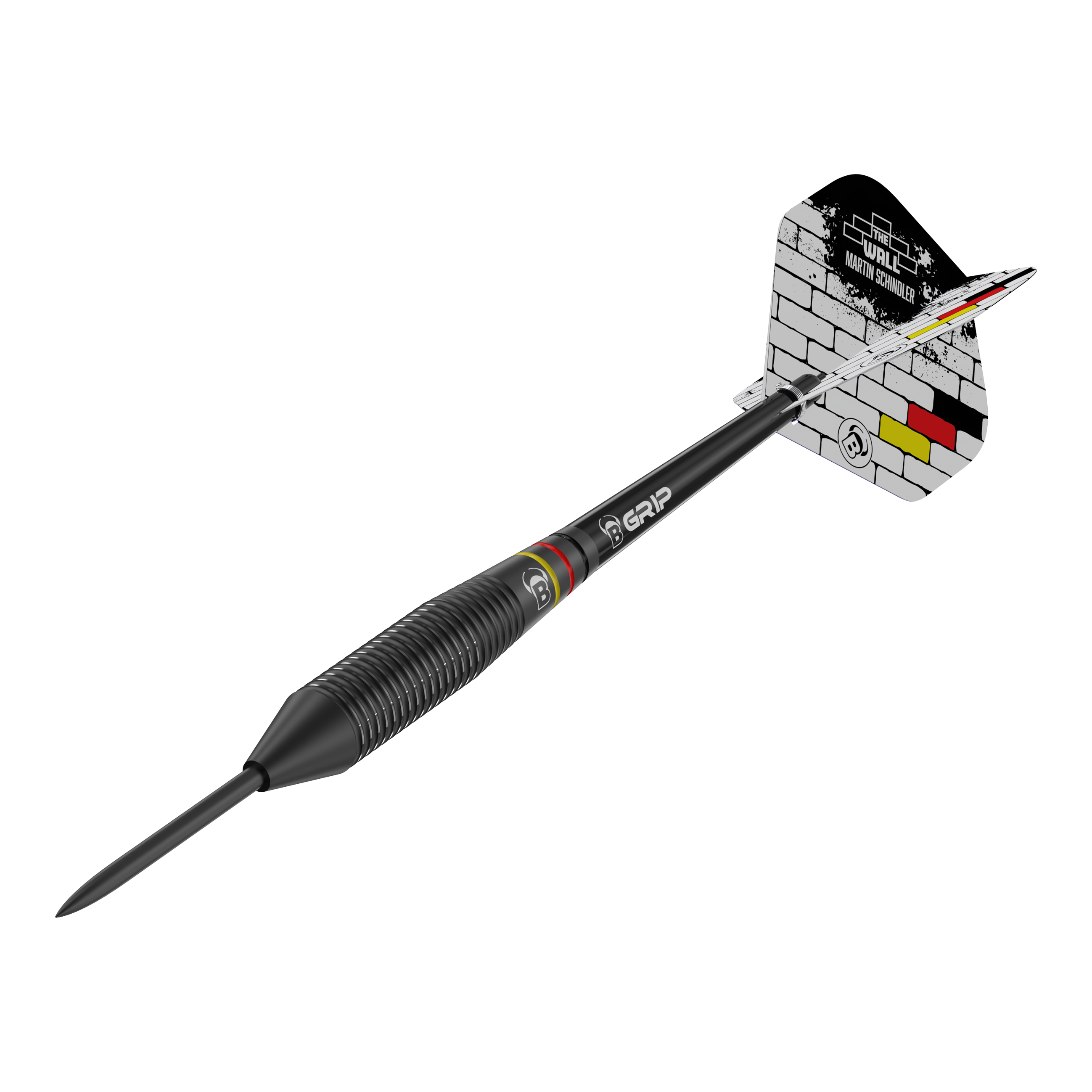 Auf dem Bild ist ein schwarzer Steeldart mit der Aufschrift "Bulls Martin Schindler The Wall Black Brass Steeldarts" zu sehen. Die Flights zeigen ein Ziegelsteinmuster mit Schwarz-Rot-Goldenen Akzenten.