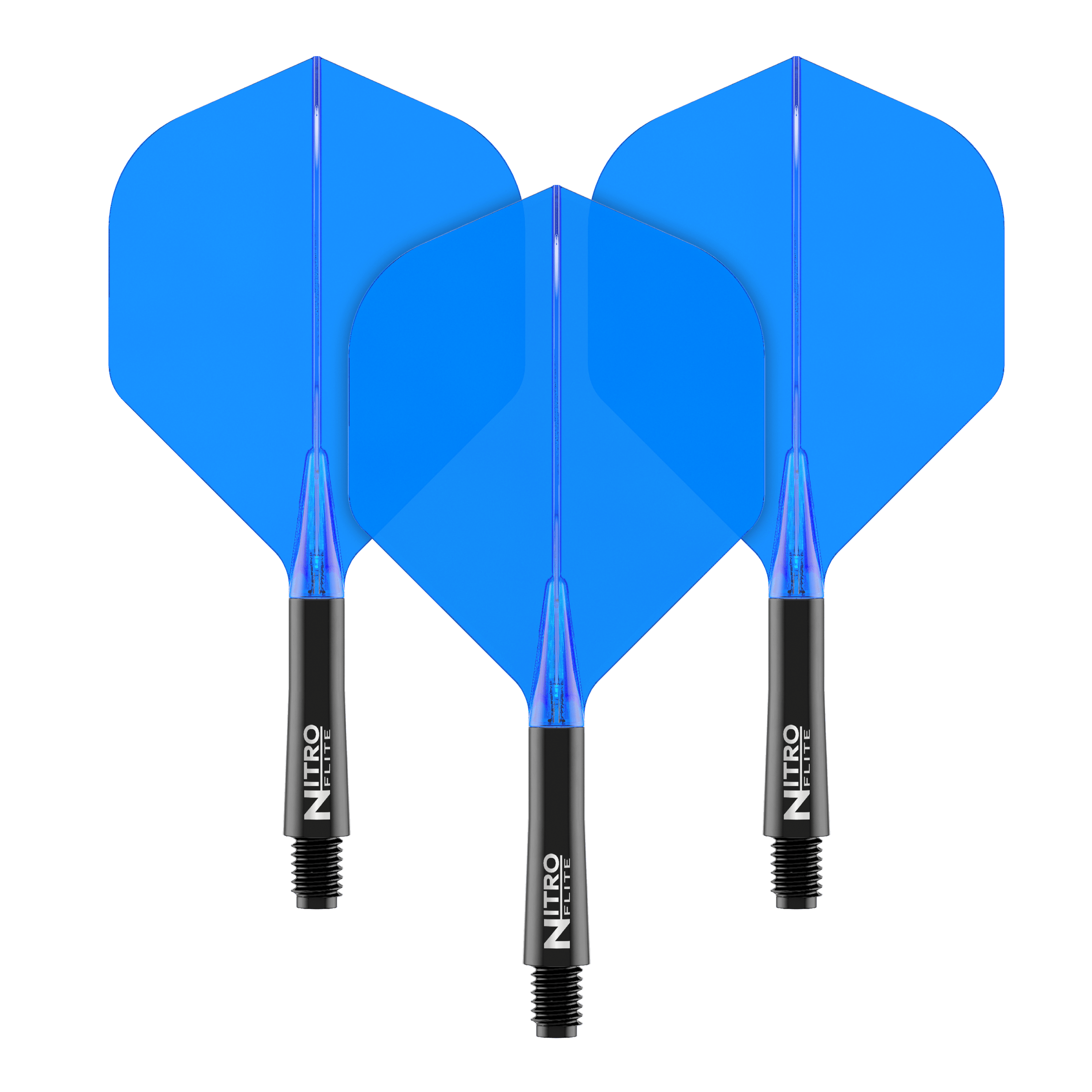 Das Bild zeigt drei blaue Dart-Flights mit schwarzen Schäften. Auf den Schäften steht der Schriftzug "Nitro Flite".