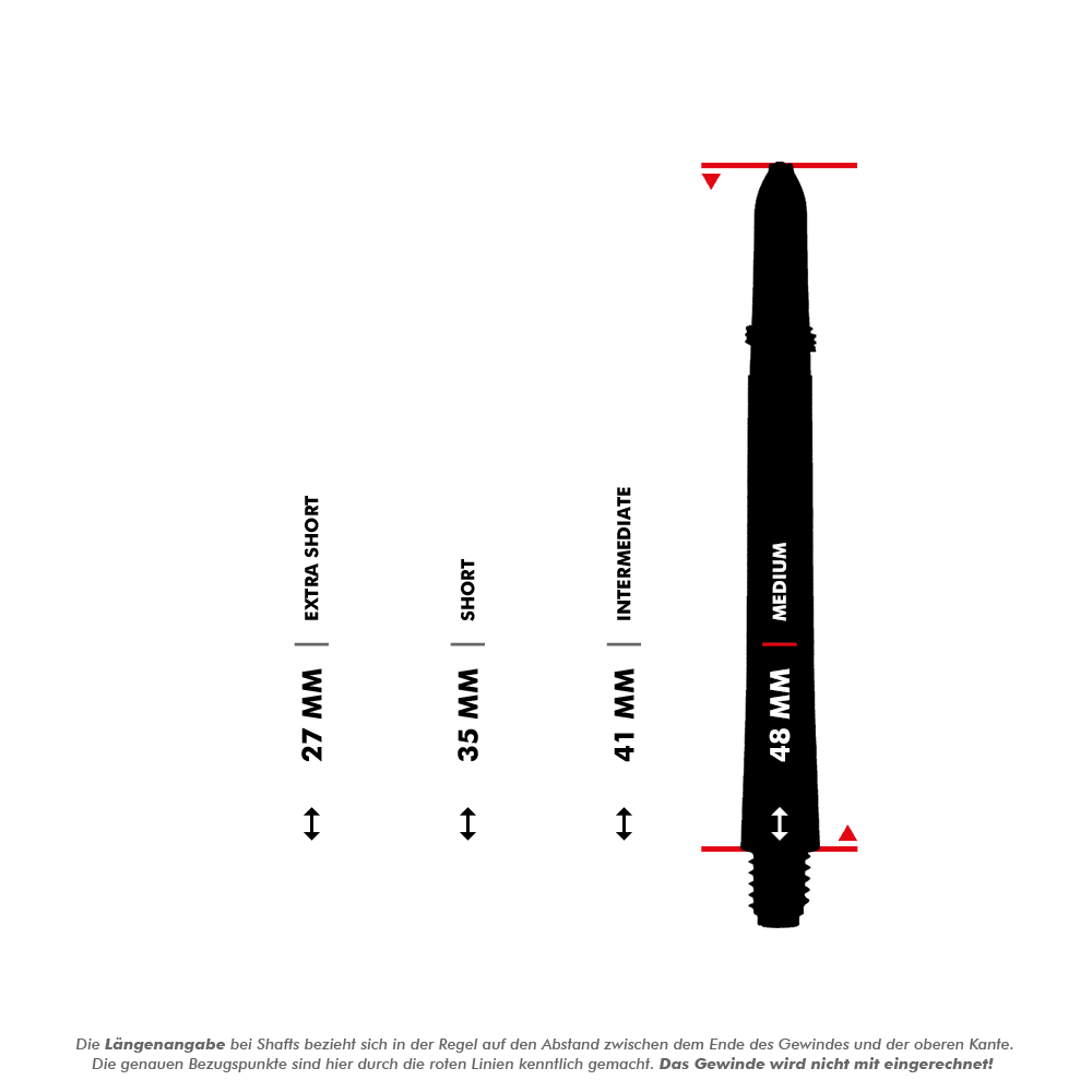 Das Bild zeigt die RedDragon Crossfire Carbon Fibre Shafts in vier verschiedenen Längen: 27 mm, 35 mm, 41 mm und 48 mm. Jede Länge ist mit einer Bezeichnung wie Extra Short, Short, Intermediate und Medium versehen.