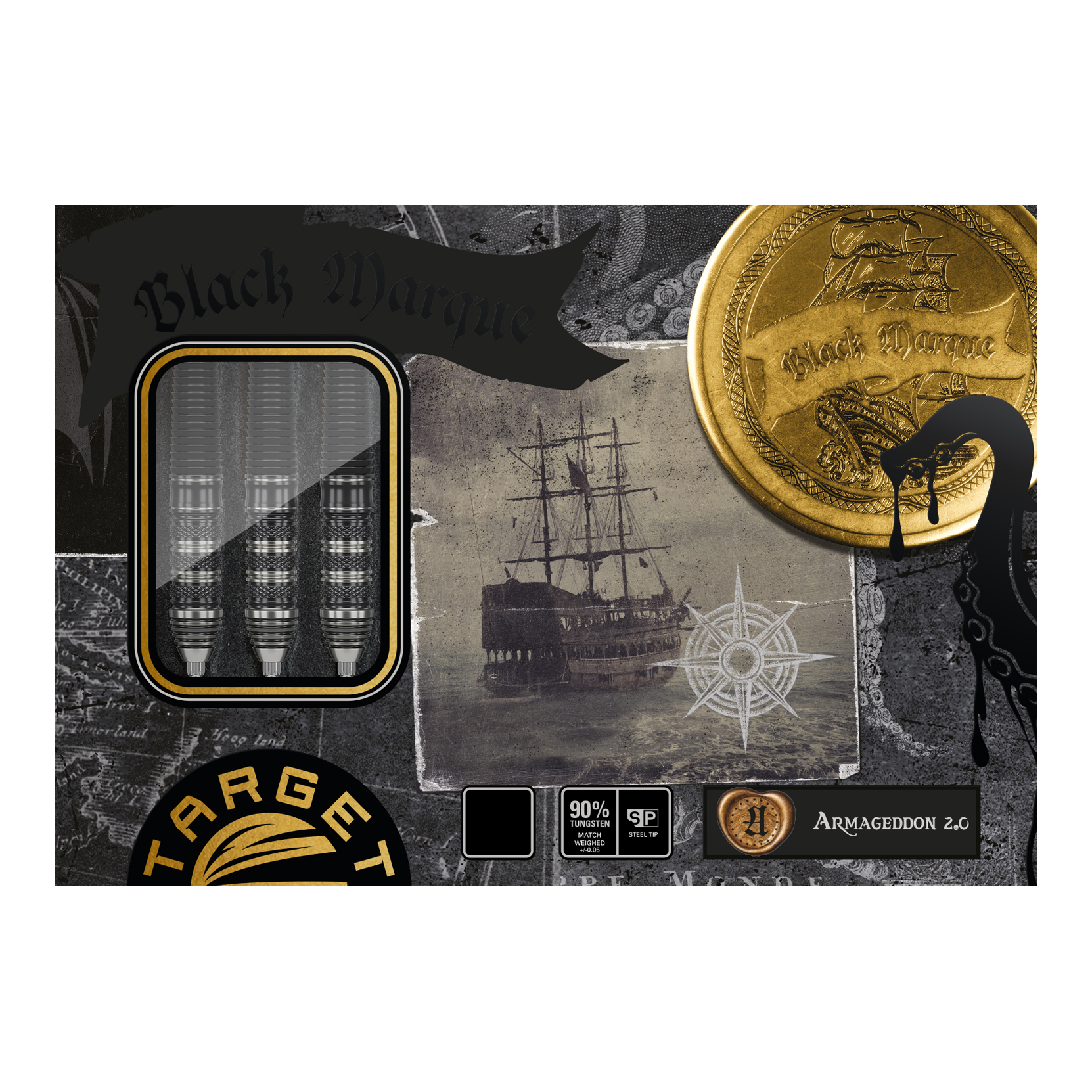 Target Japan Black Marque Armageddon GEN2 Swiss Point Steeldarts Das Bild zeigt die Verpackung der "Target Japan Black Marque Armageddon GEN2 Swiss Point Steeldarts". Auf der Verpackung sind drei Darts, ein altes Segelschiff und goldene Münzen abgebildet.