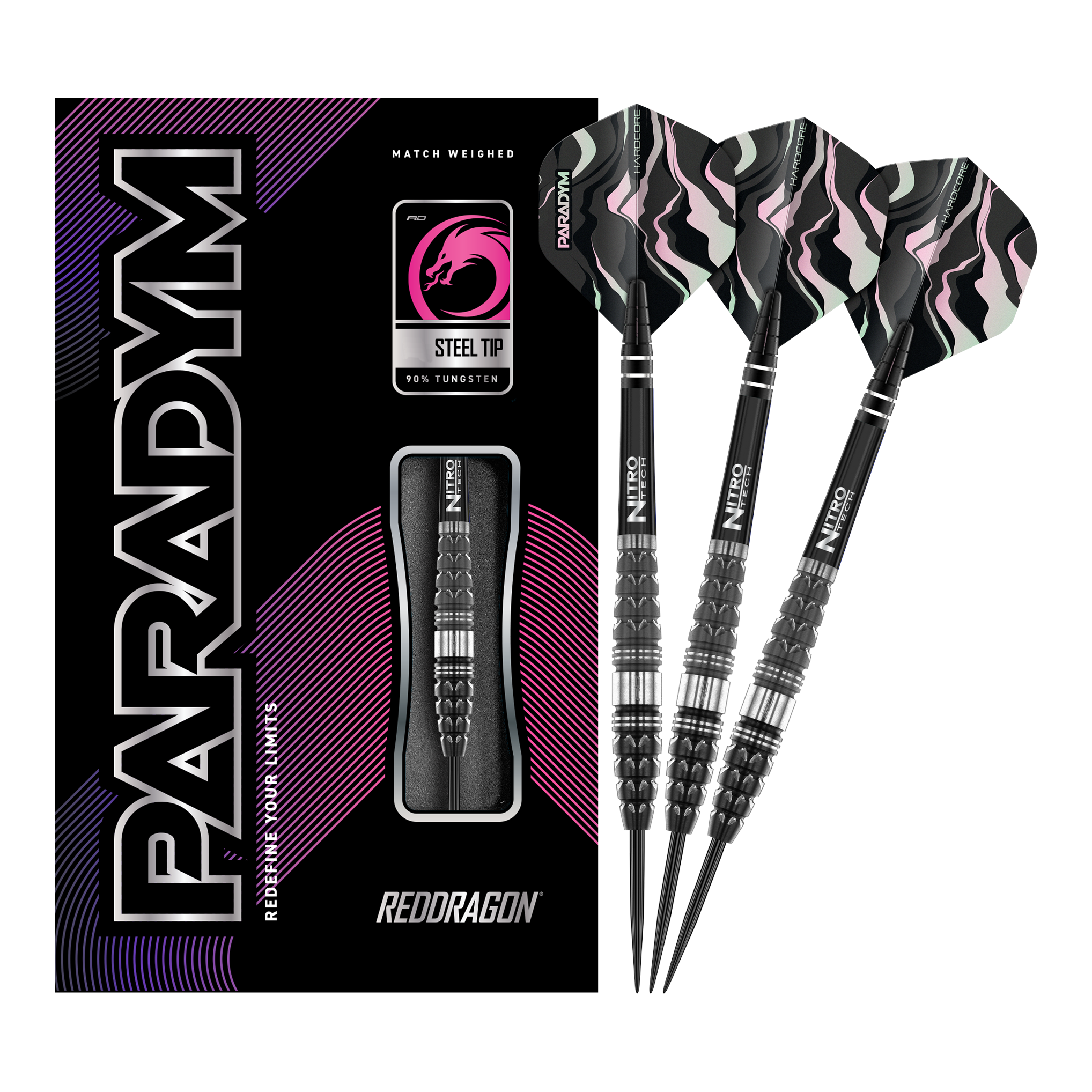 Red Dragon Paradym Torpedo Steel Darts Das Bild zeigt die Red Dragon Paradym Torpedo Steeldarts zusammen mit ihrer Verpackung. Die Darts haben ein schwarz-silbernes Design und sind für Präzision und Langlebigkeit bekannt.