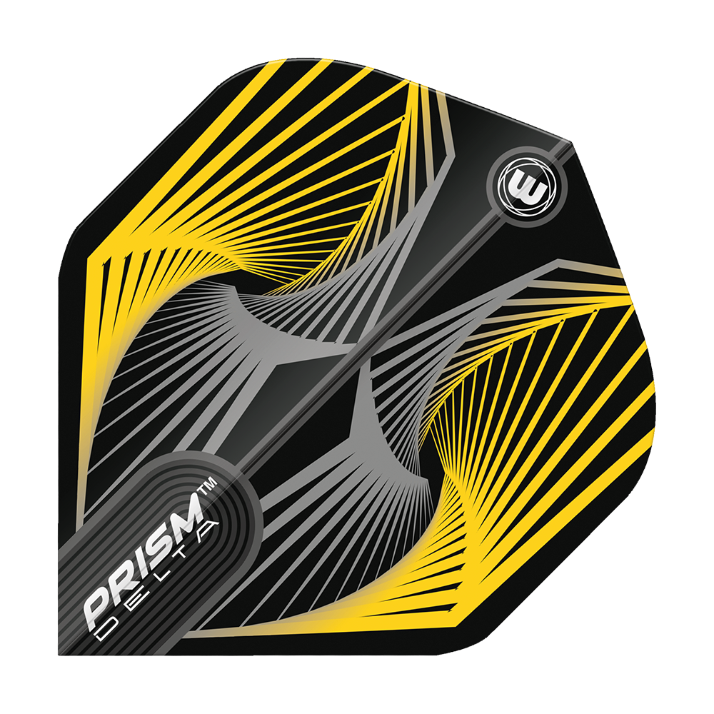 6915-241_Winmau_Prism_Delta_Spiral_YellowGrey_Standard_Flights_10LqQqE7iBbMSm Das Bild zeigt das Produkt "Winmau Prism Delta Spiral YellowGrey Standard Flights". Das Flight ist in Schwarz mit gelben und grauen Spiralstreifen gestaltet.