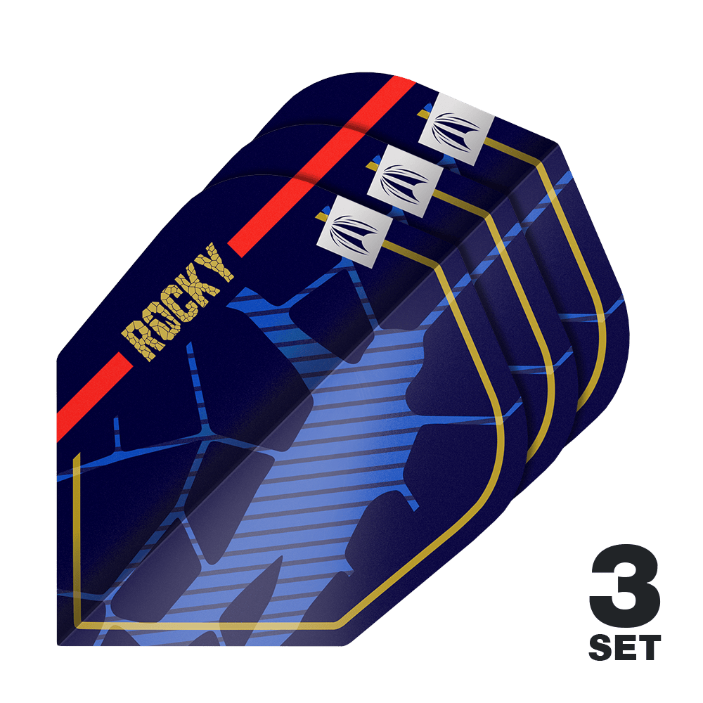 Target Pro Ultra Josh Rock GEN1 No6 Flights - 3 Sets Das Bild zeigt drei Sätze der Target Pro Ultra Josh Rock GEN1 No6 Flights. Die Flights sind dunkelblau mit goldenen, roten und blauen Designelementen sowie dem Schriftzug "ROCKY".