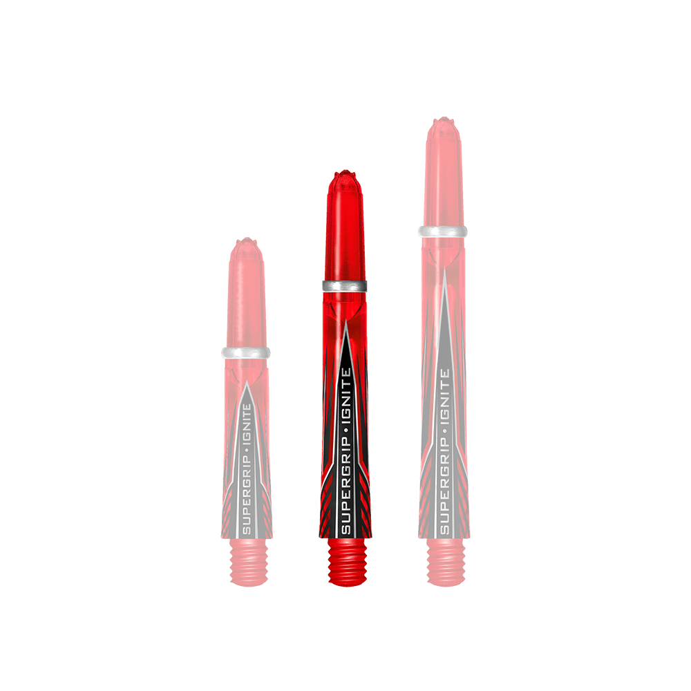 HR384_Harrows_Supergrip_Ignite_Shafts_Rot_40mm_1 Das Bild zeigt drei rote Harrows Supergrip Ignite Shafts in verschiedenen Längen. Die Shafts haben ein auffälliges Design mit schwarzen und silbernen Akzenten.