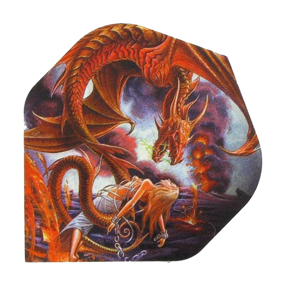 Alchemy Forge Of Vesuvius No2 Standard Flights Auf dem Bild ist ein roter Drache zu sehen, der Feuer speit. Vor ihm kniet eine gefesselte Frau, während im Hintergrund Lava und Rauch aufsteigen.