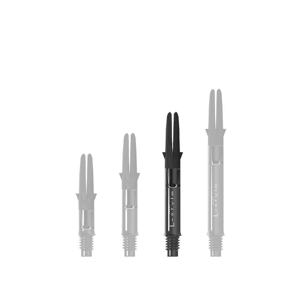 L-L-Style-Shaft Carbon Silent Straight - Schwarz Auf dem Bild sind drei schwarze Carbon-Shafts für Dartpfeile in unterschiedlichen Längen zu sehen. Sie stehen nebeneinander aufrecht aufrecht und besitzen alle denselben Aufbau.