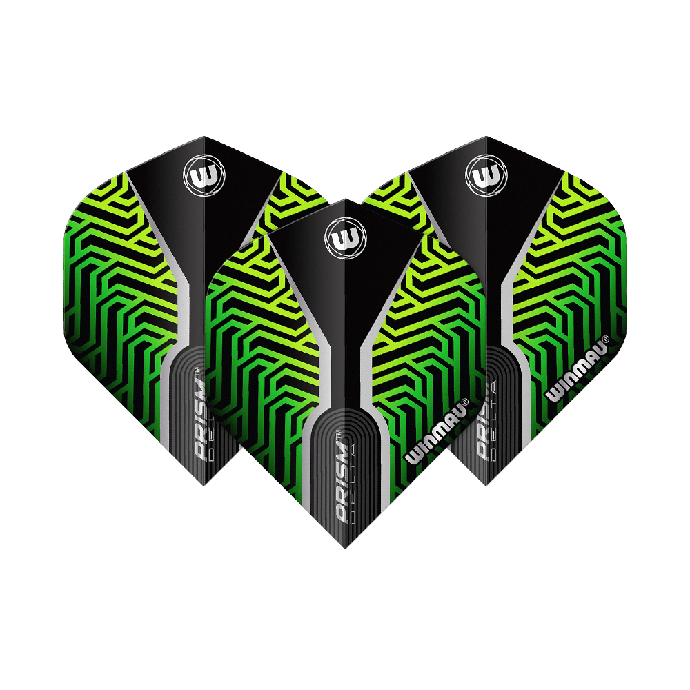 Winmau Prism Delta Kairos No2 Standard Flights Green Das Bild zeigt drei Dart-Flights des Modells "Winmau Prism Delta Kairos No2 Standard" in Grün. Die Flights haben ein auffälliges Muster in Grün und Schwarz mit weißen Akzenten und dem Winmau-Logo.