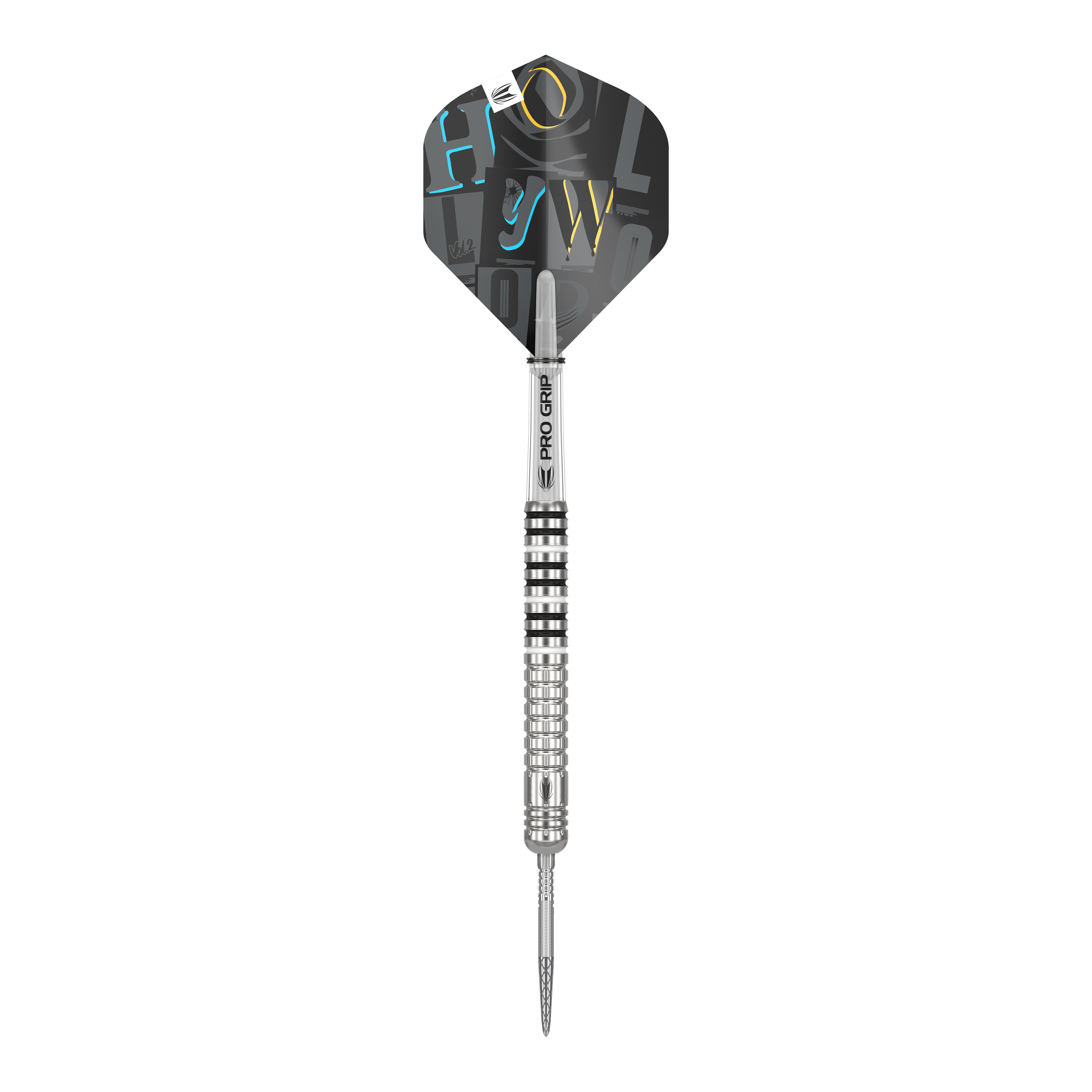 Target Chris Dobey GEN1 Swiss Point steel darts Das Bild zeigt einen silbernen Steeldartpfeil mit einer schwarzen Flight und dem Aufdruck "PRO GRIP" auf dem Schaft. Der Flight hat farbige Buchstaben in Blau, Gelb und Weiß aufgedruckt.