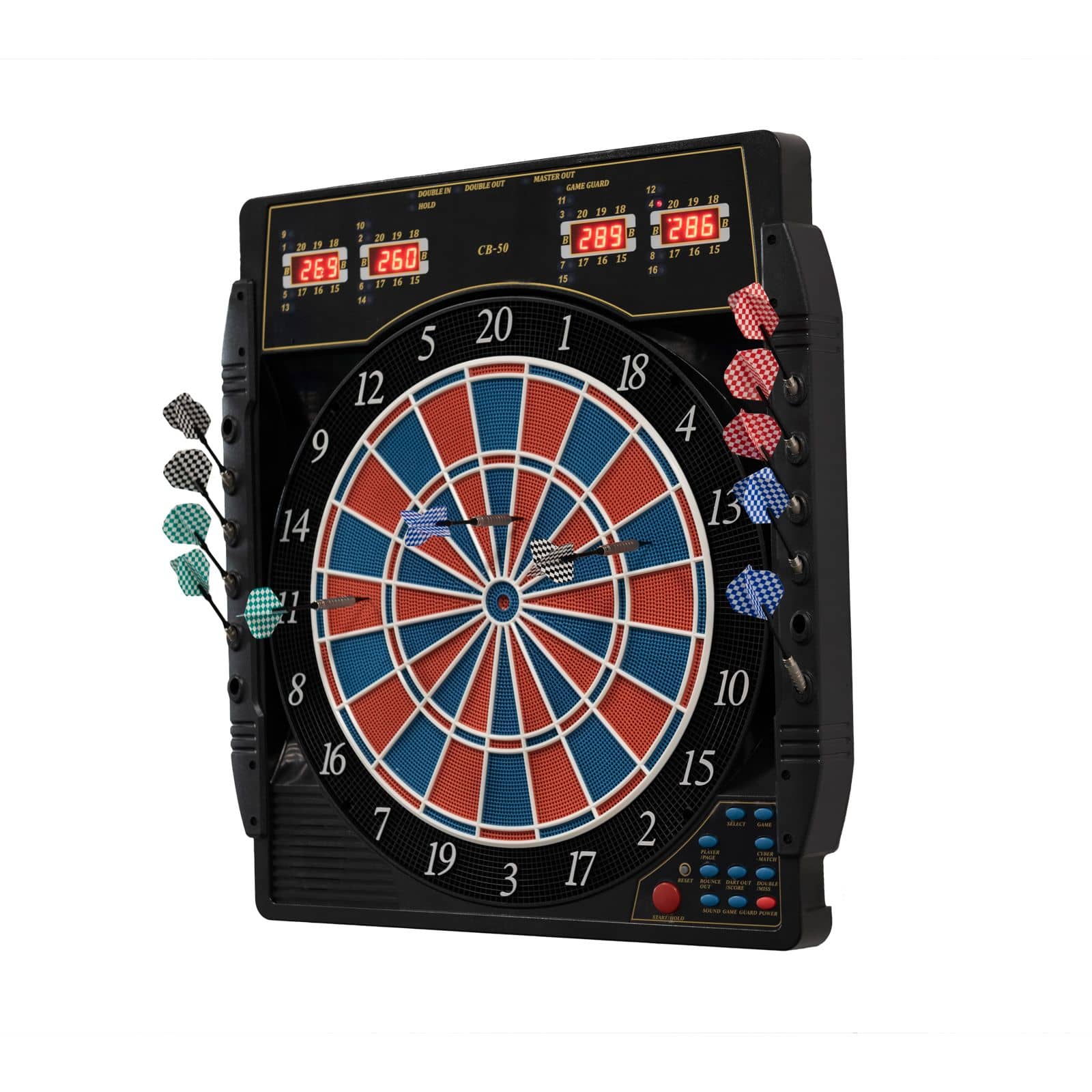 Die Abbildung zeigt die elektronische Dartscheibe Karella CB 50 Turnierausführung. Sie verfügt über digitale Anzeigen und bunte Softdarts, die an den Seiten befestigt sind.