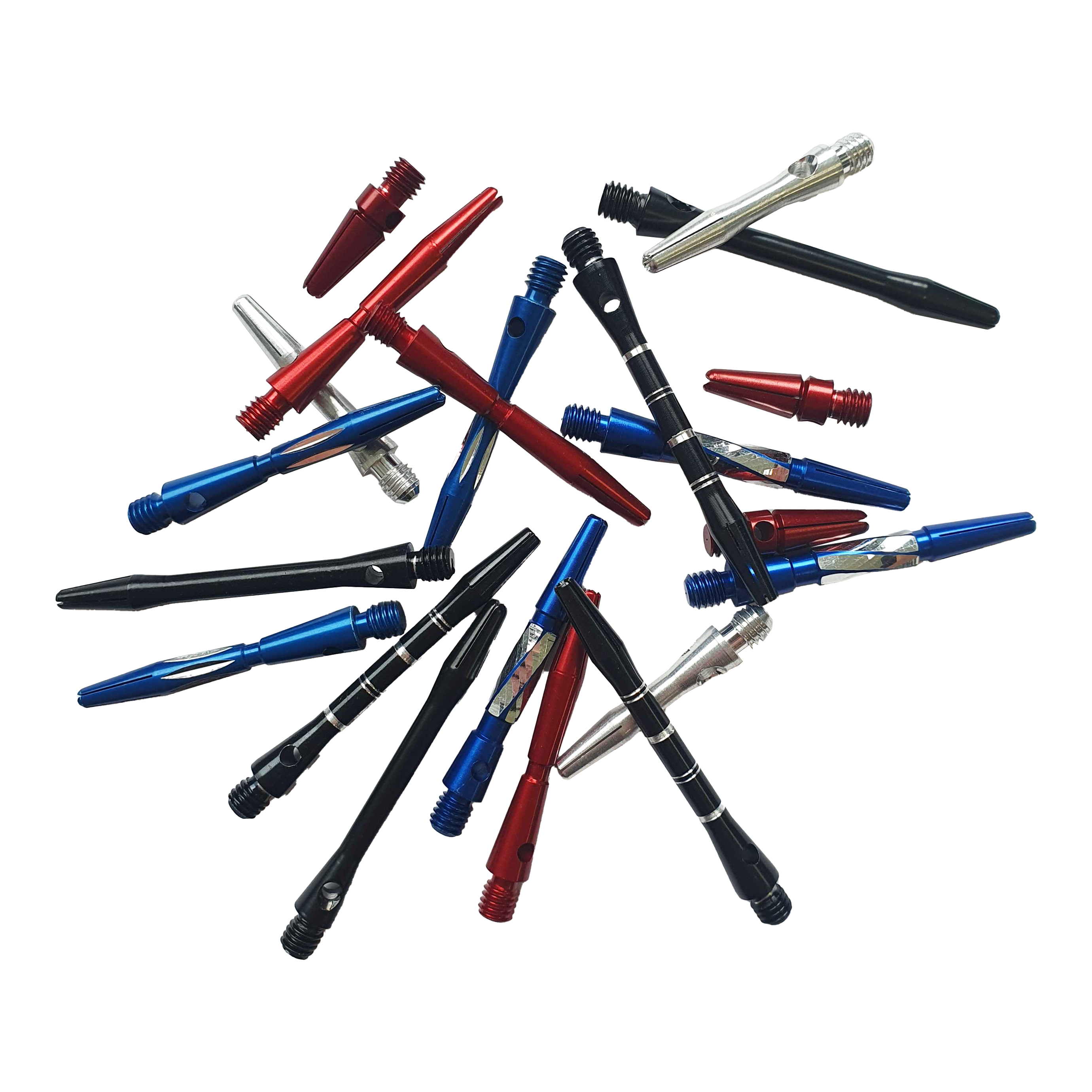 Alu-Shaft Surprise Set - 7 sets Das Bild zeigt eine Auswahl an bunten Aluminiumschäften für Dartpfeile. Die Schäfte sind in verschiedenen Farben wie Rot, Blau, Schwarz und Silber enthalten.