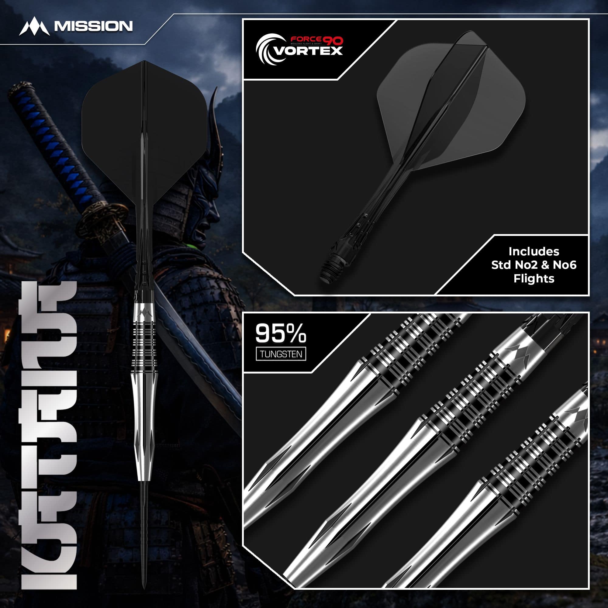 Mission Katana Steel Darts Auf diesem Bild sieht man die Mission Katana Steeldarts. Sie sind beliebt wegen ihrer hochwertigen Verarbeitung und optimalen Flugeigenschaften.