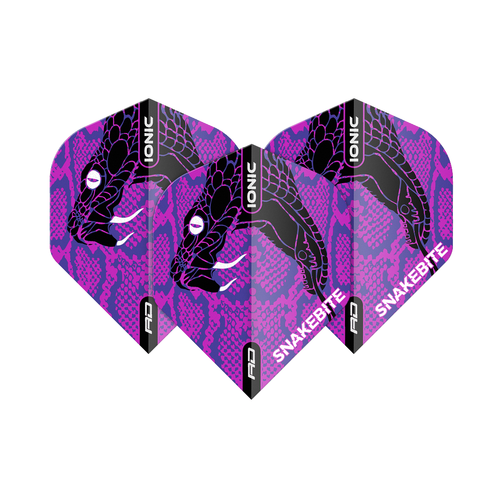 Das Bild zeigt drei Dart-Flights mit einem auffälligen lila-schwarzen Schlangenkopf-Design. Auf den Flights stehen die Wörter "IONIC" und "SNAKEBITE".