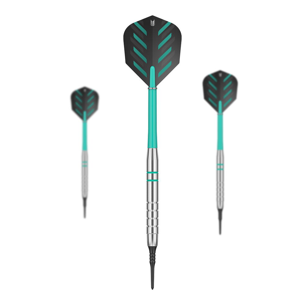 Target Rob Cross Silver Voltage Softdarts - 18g Das Bild zeigt drei Softdarts des Modells 'Target Rob Cross Silver Voltage' mit einem Gewicht von 18g. Die Darts haben silberne Spitzen und Schäfte mit grün-schwarzen Flights.